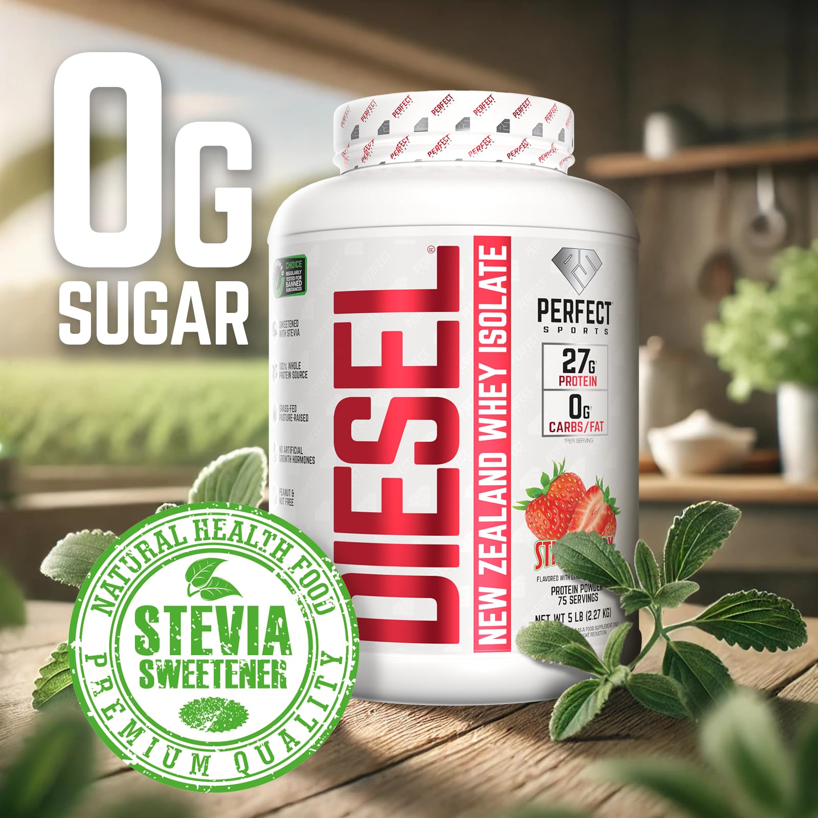 PERFECT SPORTS Diesel 100% New Zealand Whey Protein Isolate – 5 lb Strawberry | 27g Protein, 0g Carbs, 0g Fat | Stevia-Sweetened