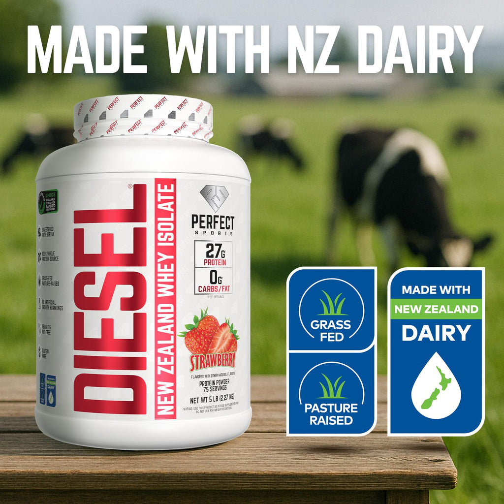 PERFECT SPORTS Diesel 100% New Zealand Whey Protein Isolate – 5 lb Strawberry | 27g Protein, 0g Carbs, 0g Fat | Stevia-Sweetened