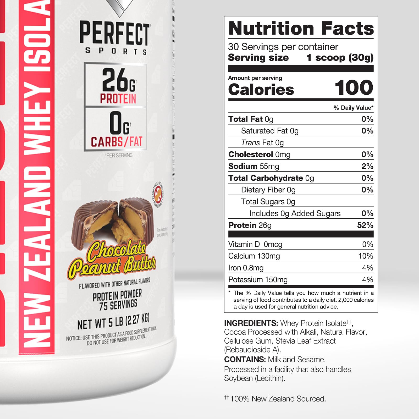 PERFECT SPORTS Diesel 100% New Zealand Whey Protein Isolate – 0g Carbs, 0g Fat, 26g Protein, 5 lb (Chocolate Peanut Butter)