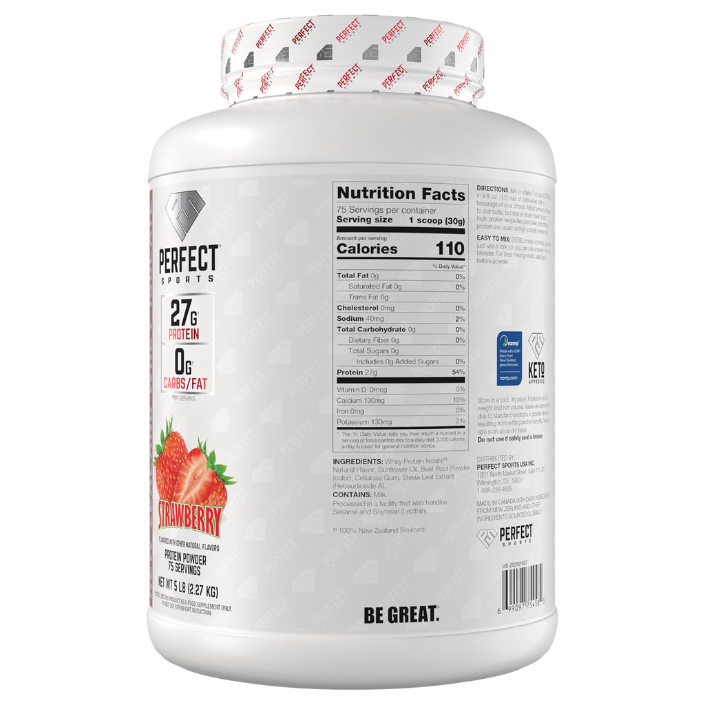 PERFECT SPORTS Diesel 100% New Zealand Whey Protein Isolate – 5 lb Strawberry | 27g Protein, 0g Carbs, 0g Fat | Stevia-Sweetened