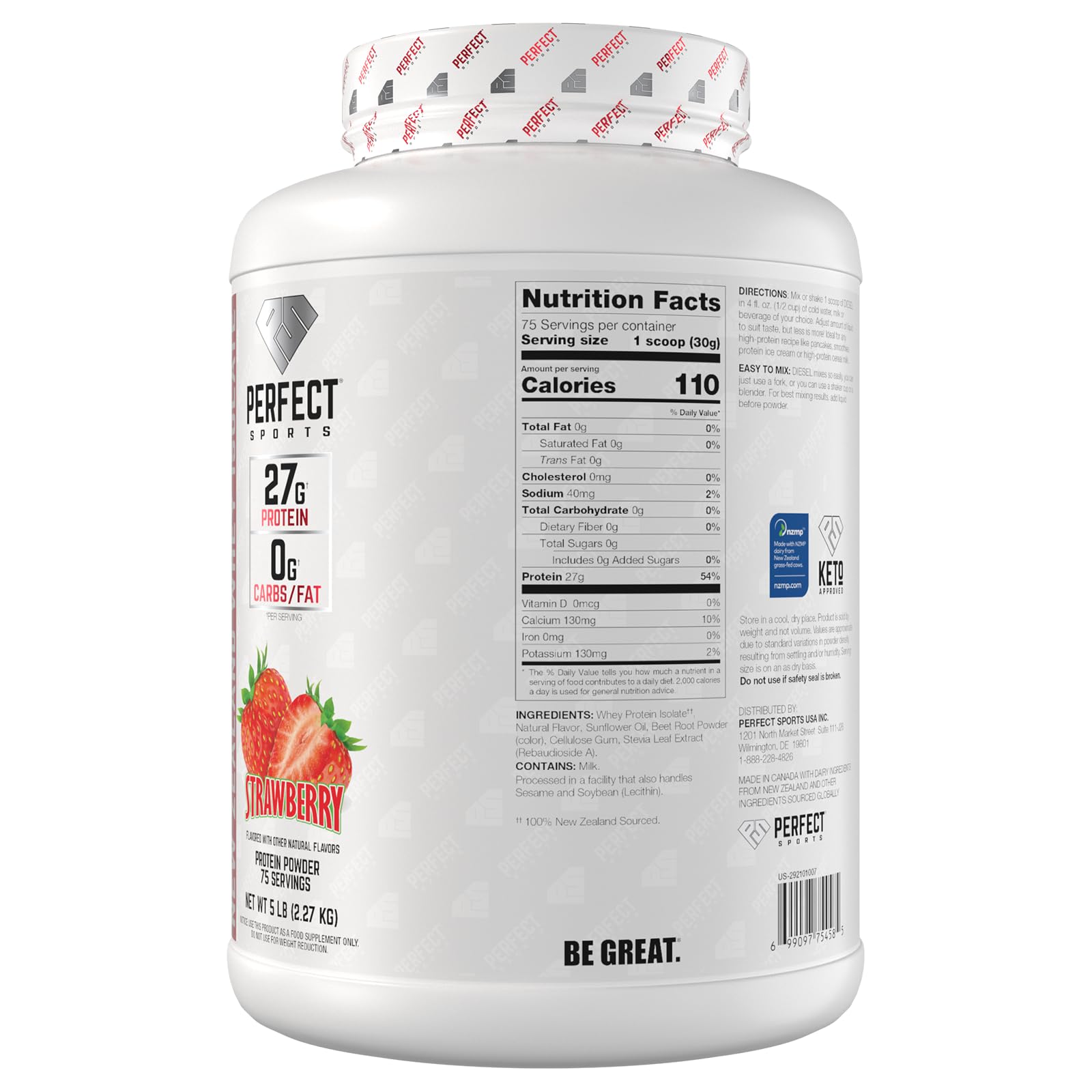 PERFECT SPORTS Diesel 100% New Zealand Whey Protein Isolate – 5 lb Strawberry | 27g Protein, 0g Carbs, 0g Fat | Stevia-Sweetened