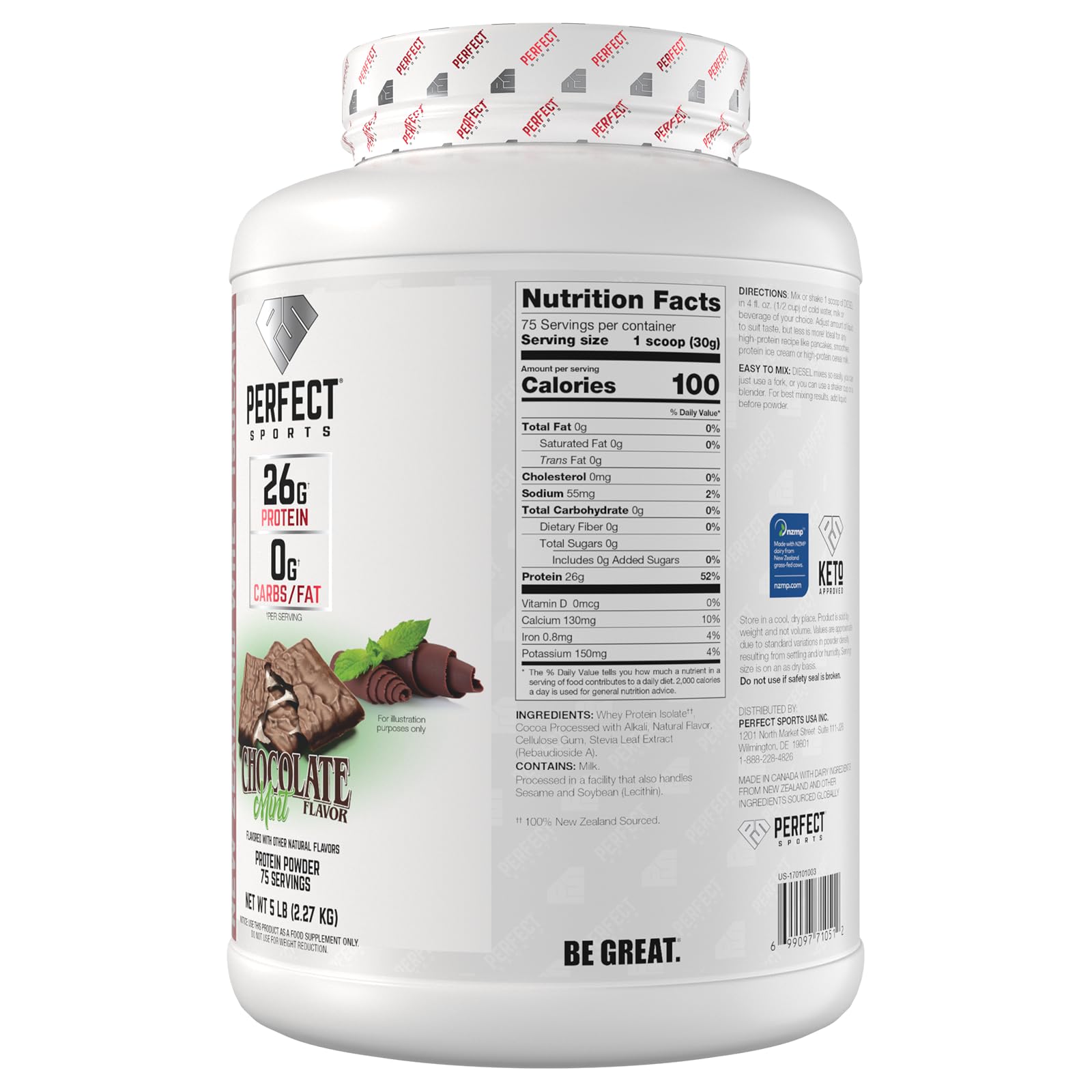Perfect Sports Diesel 100% New Zealand Whey Protein Isolate – Chocolate Mint, Stevia, 5 lb