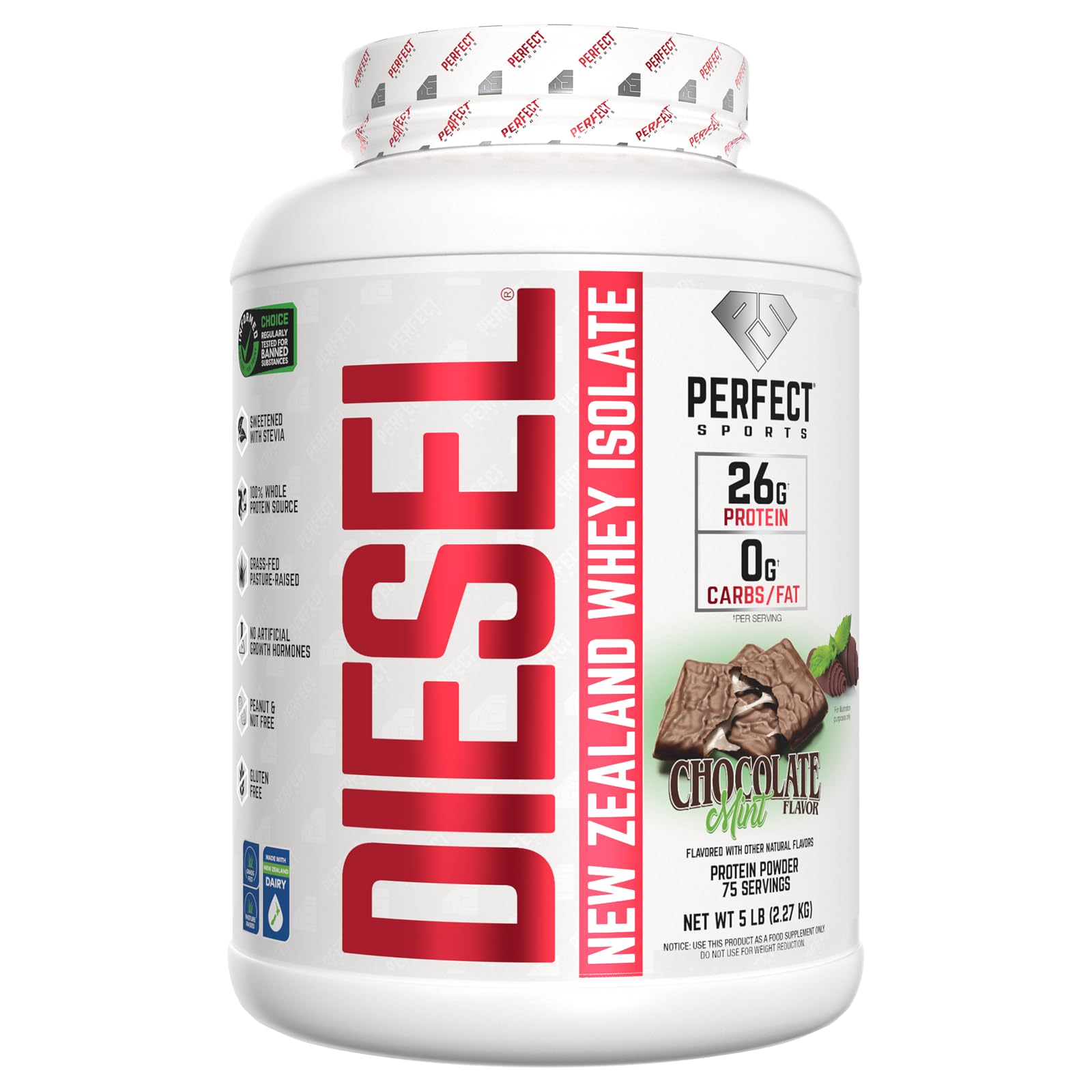 Perfect Sports Diesel 100% New Zealand Whey Protein Isolate – Chocolate Mint, Stevia, 5 lb