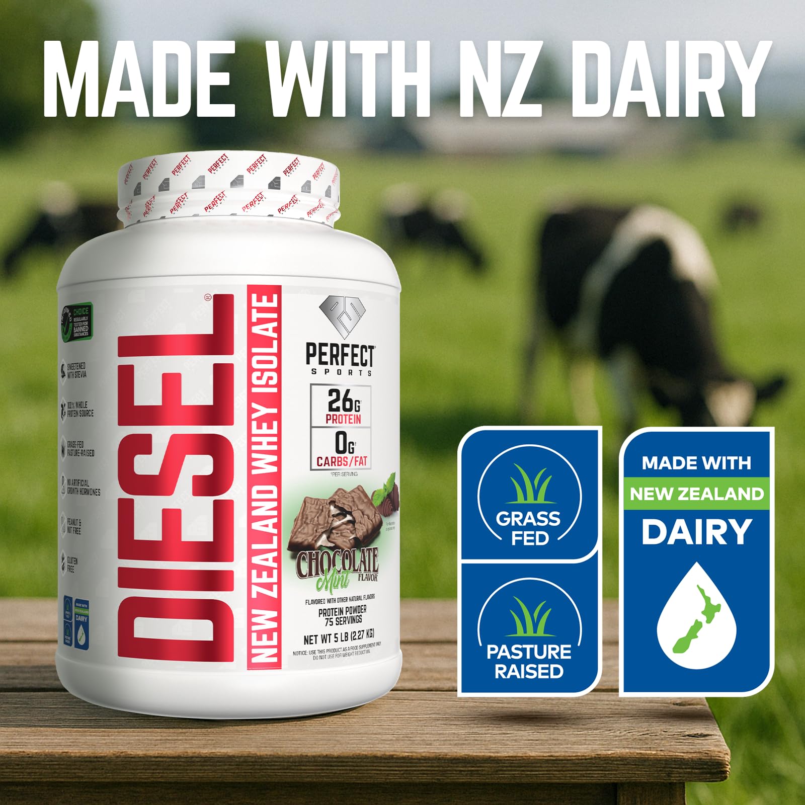Perfect Sports Diesel 100% New Zealand Whey Protein Isolate – Chocolate Mint, Stevia, 5 lb