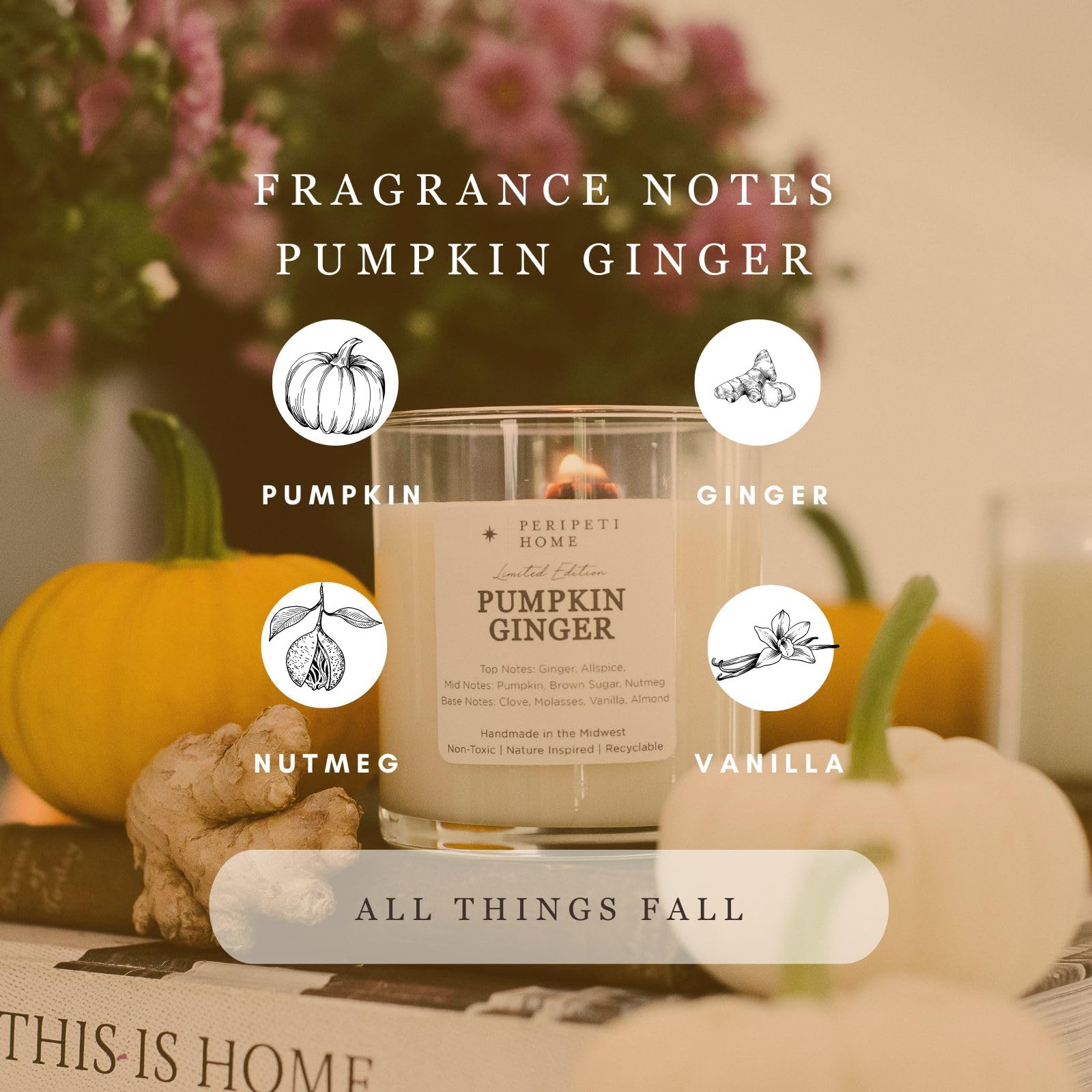 PERIPETI Home Pumpkin Ginger Scented Candle | 8.5oz Soy Wax, Cozy Fall Aromatherapy