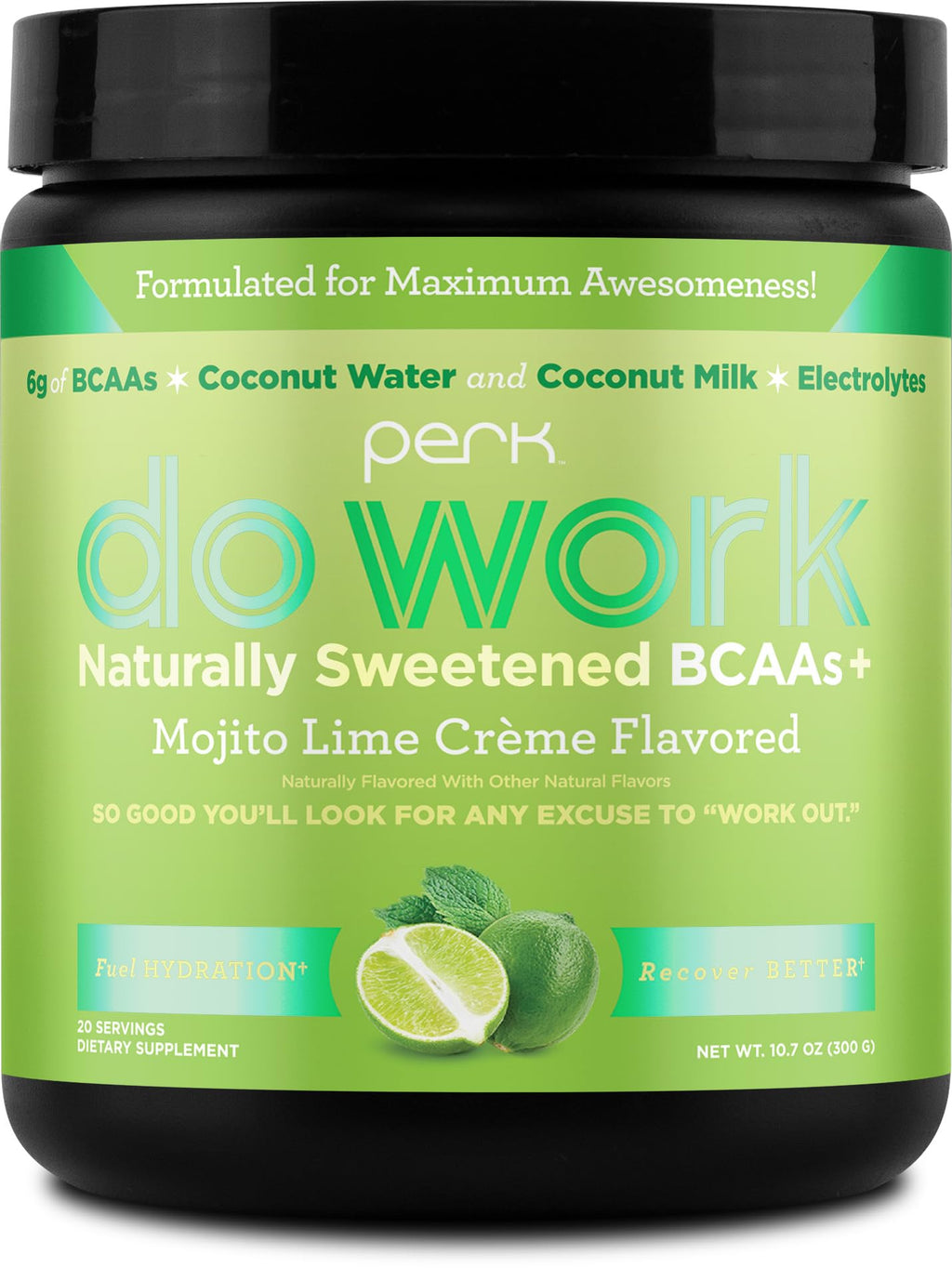 Perk Do Work BCAAs+ Mojito Lime Creme – 20 Servings, Gluten-Free, Soy-Free
