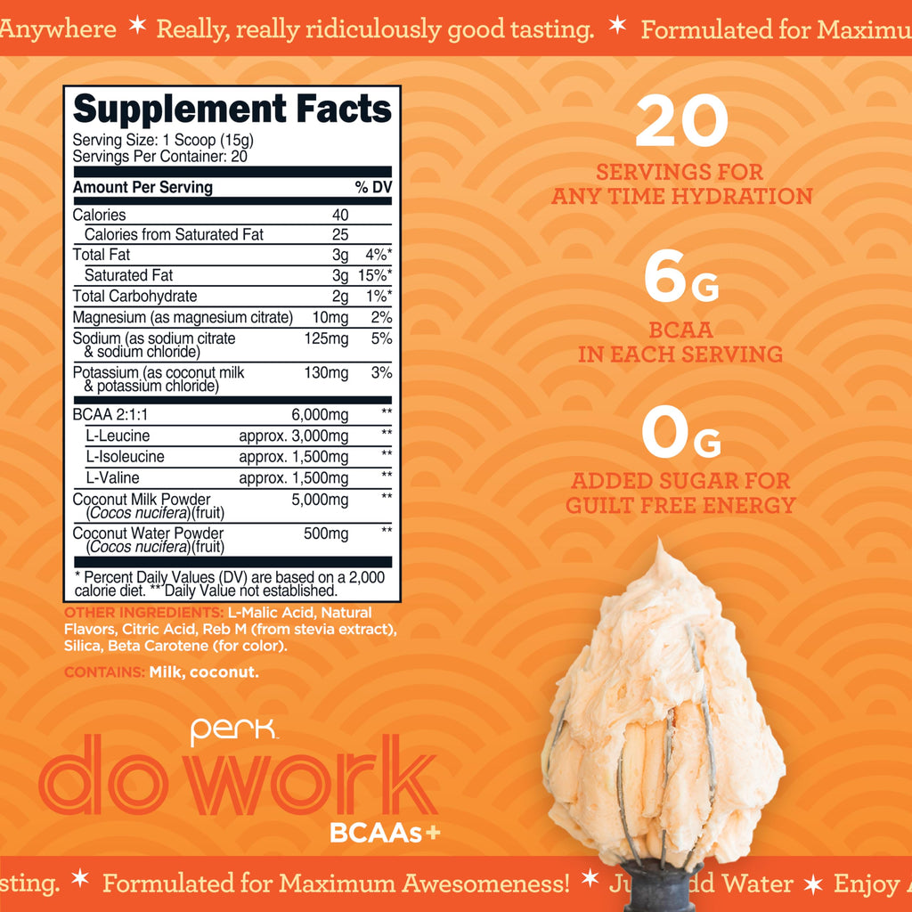 Perk Do Work Naturally Sweetened BCAAs+ Peach Buttercream Flavored (20 Servings) - Gluten-Free, Soy-Free, Peanut-Free, with Coconut Water, Coconut Milk, and Electrolytes