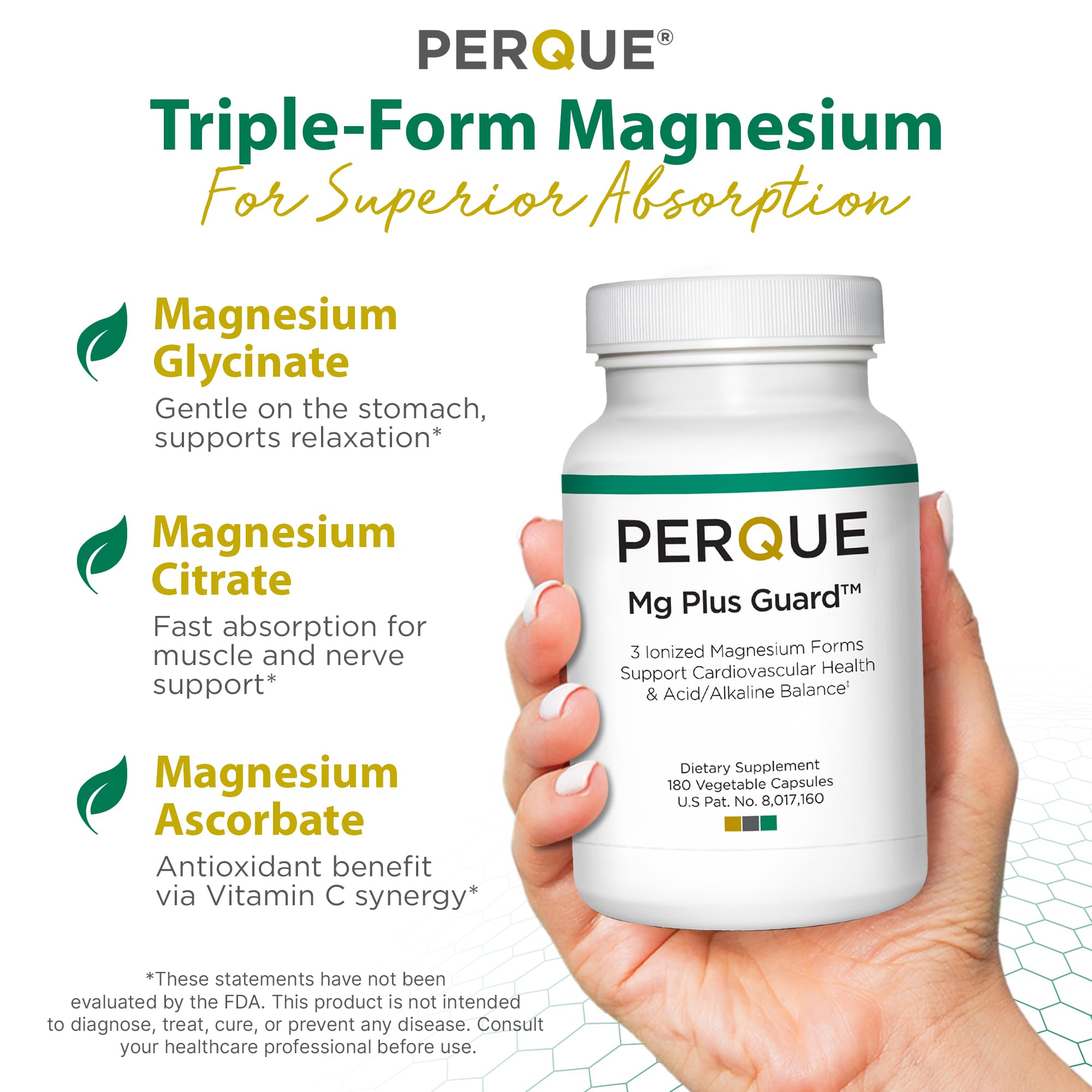 PERQUE Mg Plus Guard — High-Absorption Magnesium Glycinate, 180 Veg Capsules