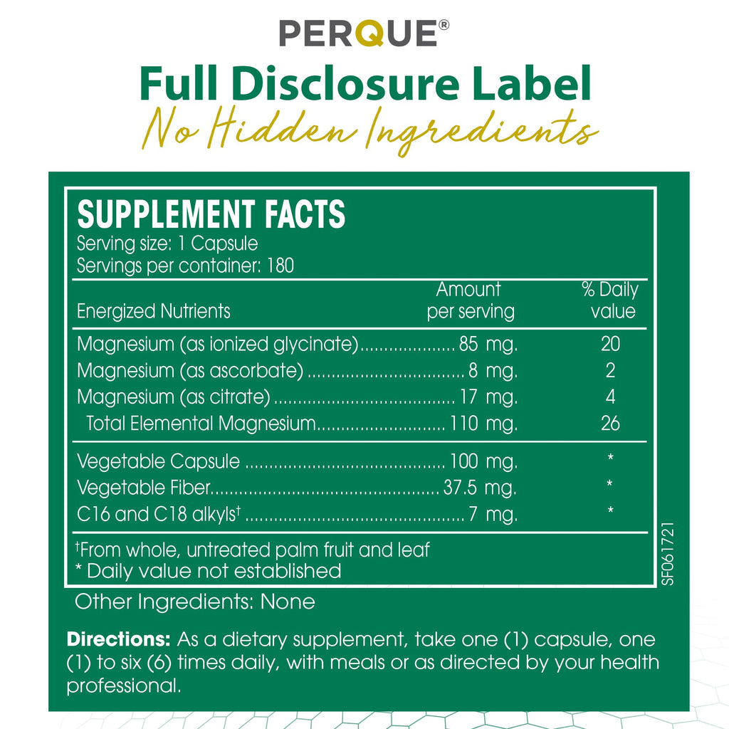 PERQUE Mg Plus Guard — High-Absorption Magnesium Glycinate, 180 Veg Capsules