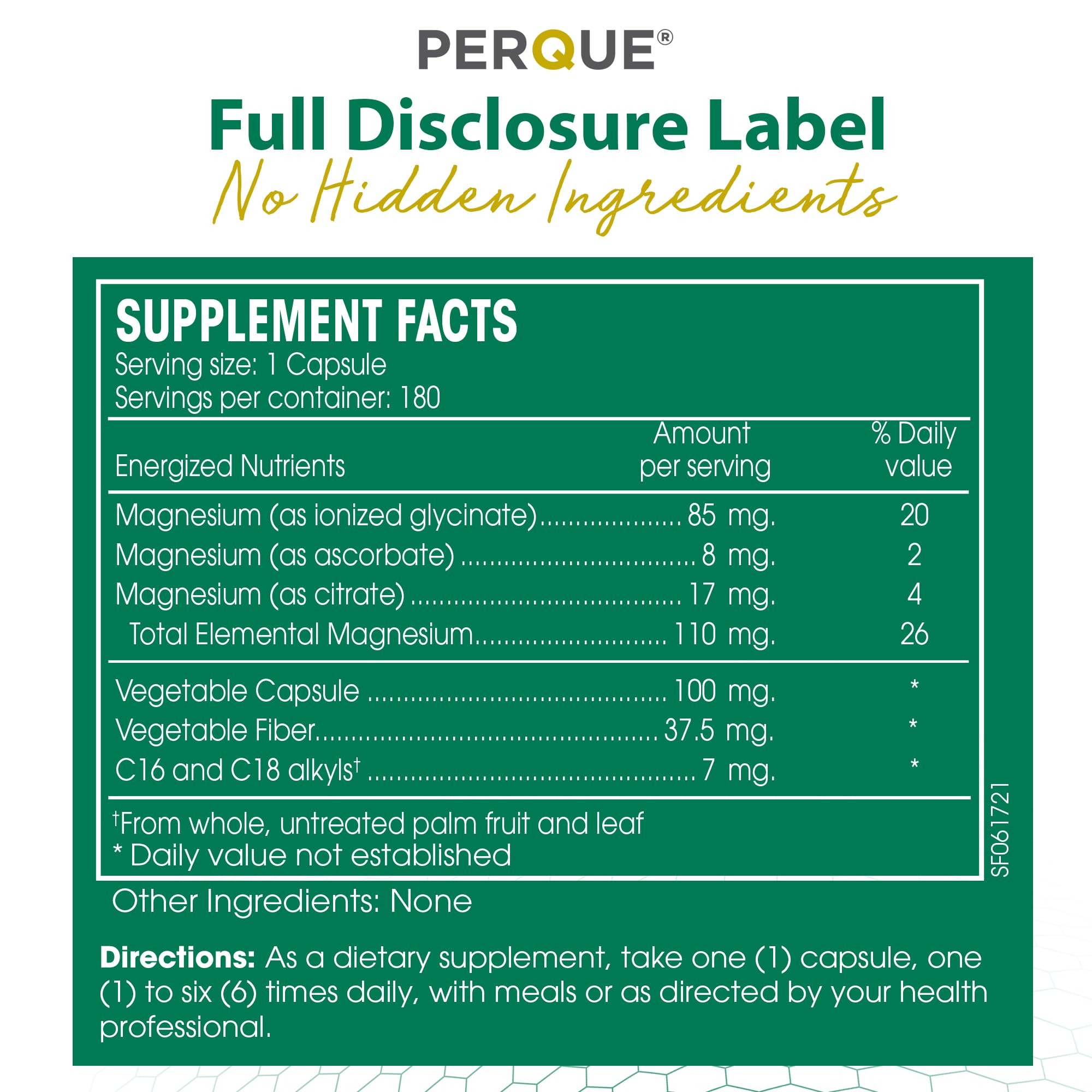 PERQUE Mg Plus Guard — High-Absorption Magnesium Glycinate, 180 Veg Capsules