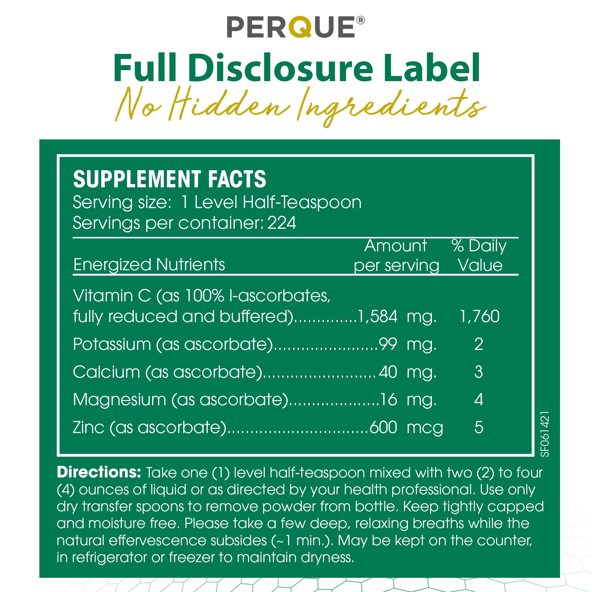 PERQUE Buffered Vitamin C Ascorbate Powder - pH Balanced, Vegetarian, Allergen-Free - 16 oz