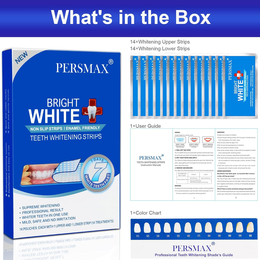PERSMAX Teeth Whitening Strips – Dentist-Approved, Gum-Safe, 28 Non-Slip Strips Kit (14 Treatments) | 30-Min Express Whitening