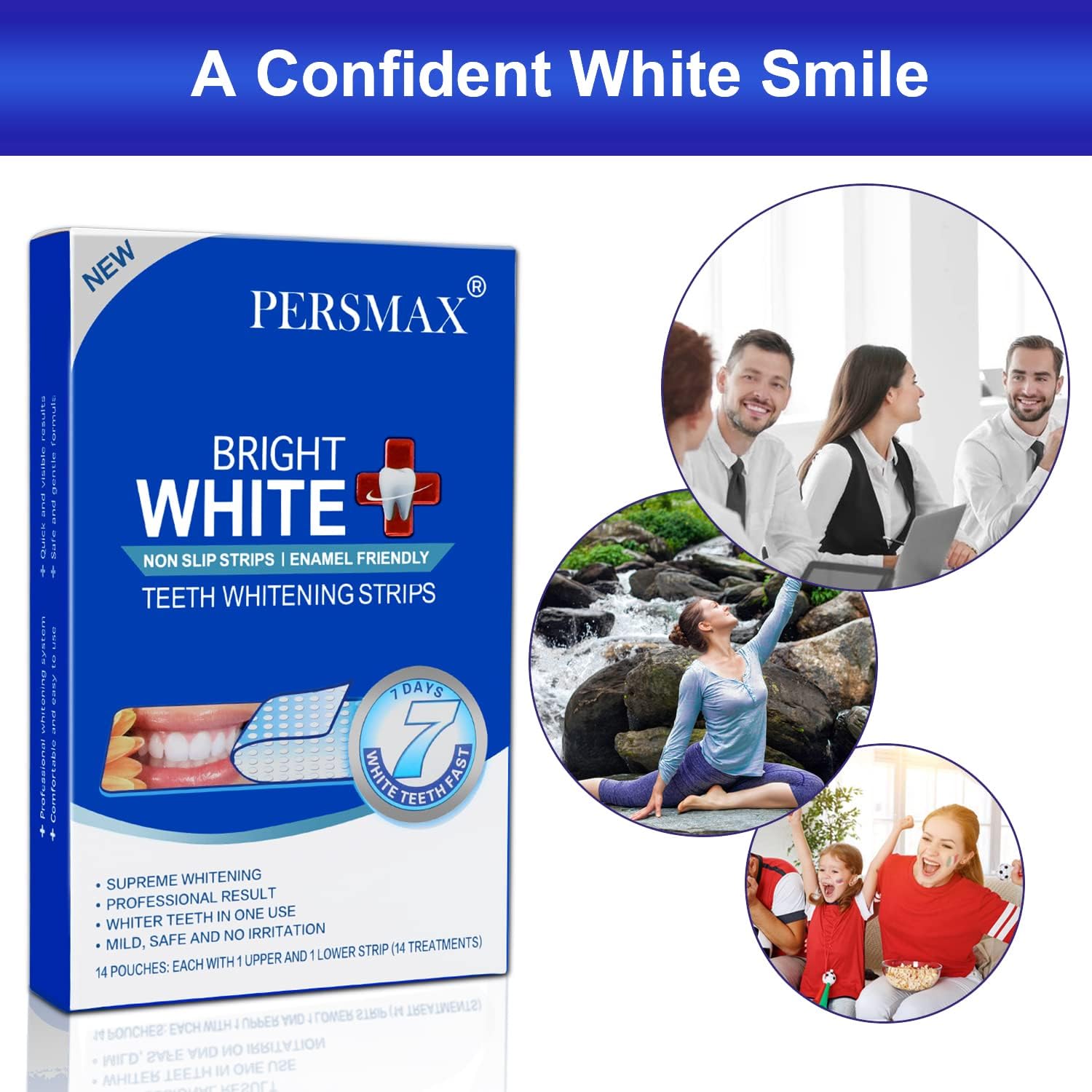 PERSMAX Teeth Whitening Strips – Dentist-Approved, Gum-Safe, 28 Non-Slip Strips Kit (14 Treatments) | 30-Min Express Whitening