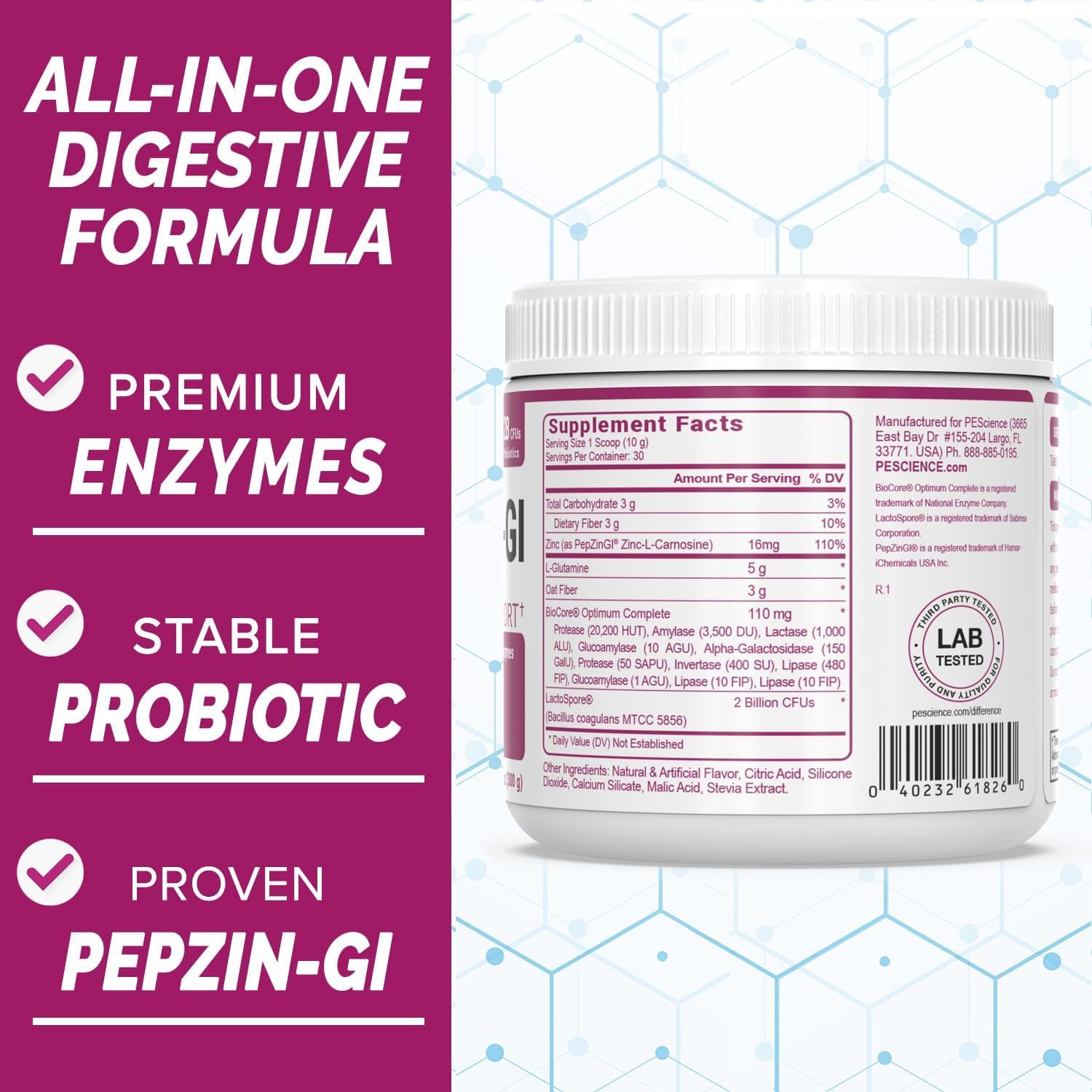 PEScience Complete-GI Gut Health Powder – Probiotics, Digestive Enzymes, L-Glutamine