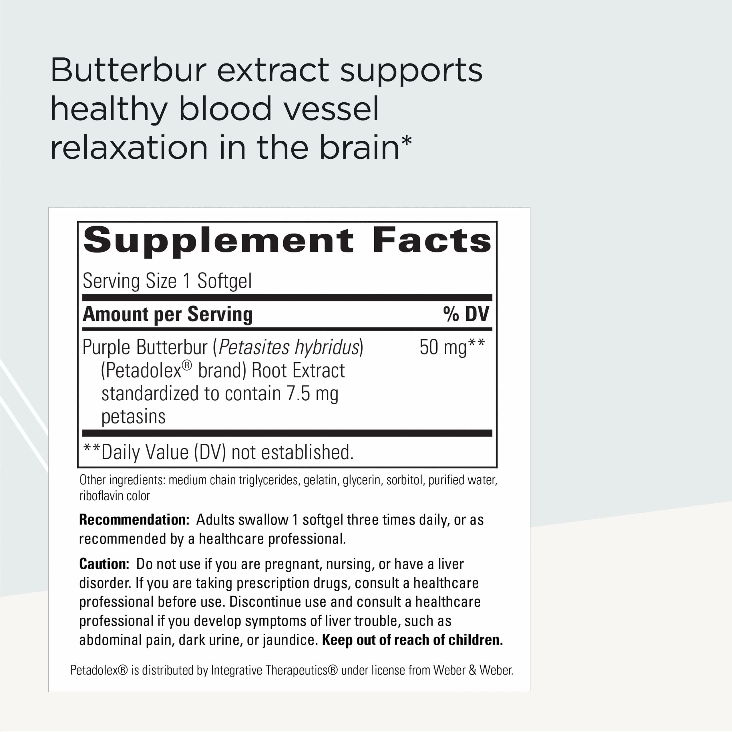 Integrative Therapeutics Petadolex - Brain Supplement for Healthy Blood Vessel Relaxation* - with Butterbur Extract - Gluten-Free & Dairy-Free - 60 Softgels (60 Servings)