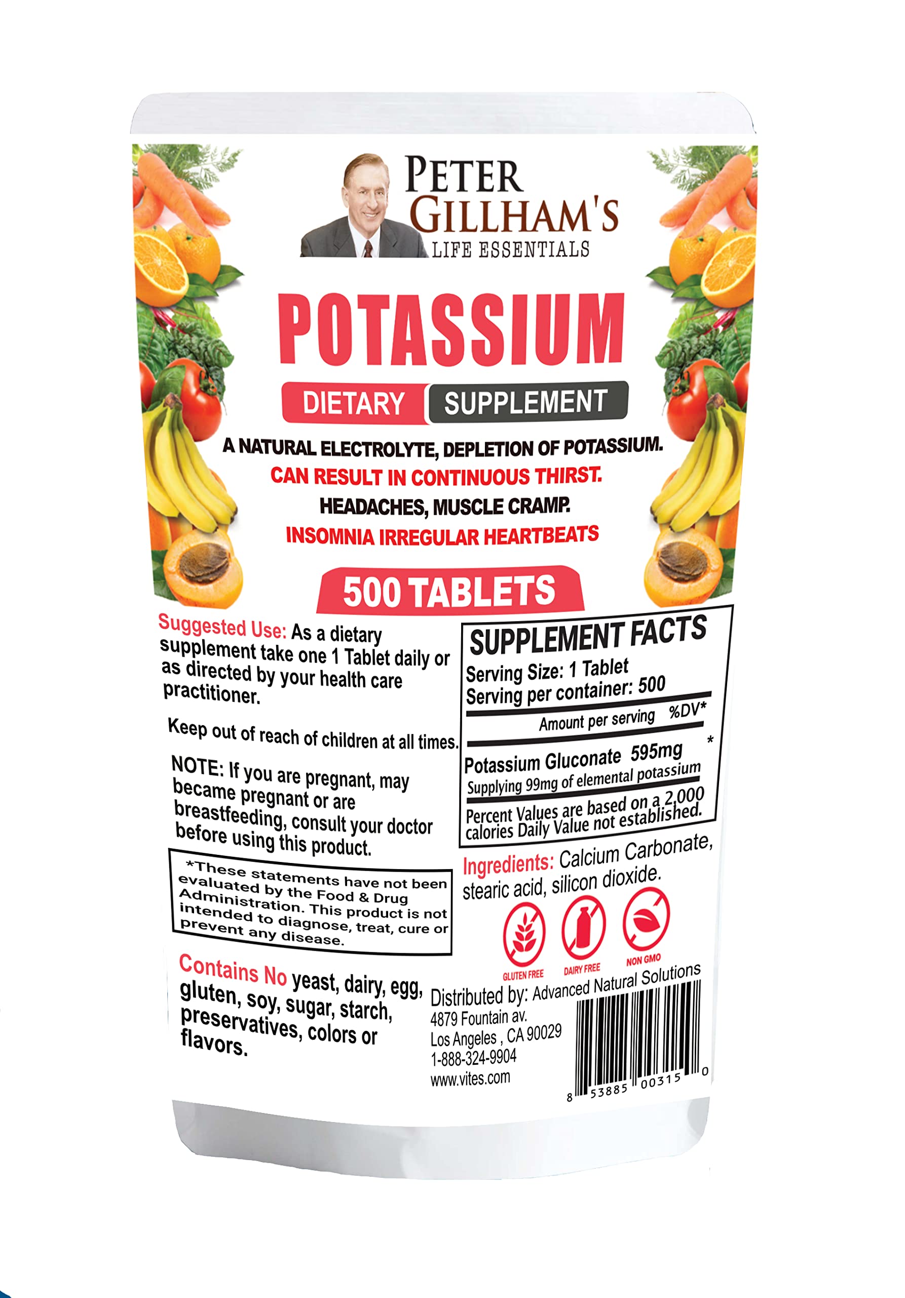 Peter Gillham’s Life Essentials Potassium Gluconate tablets 595mg, 500 Tablets, Support Electrolyte Balance, Made in USA (Package May Vary)
