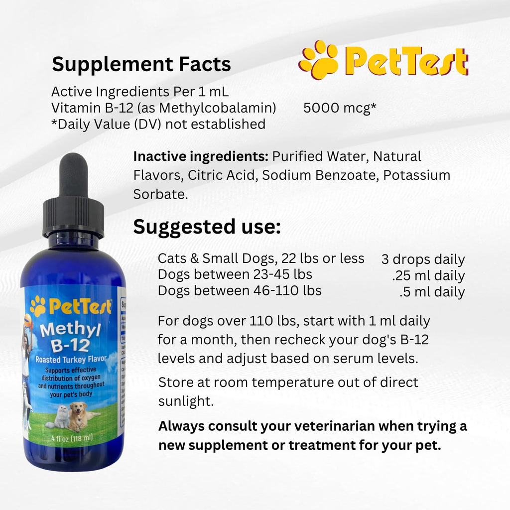 PetTest Methyl B12 Drops - 4 fl oz (5000 mcg) for Diabetic Pets