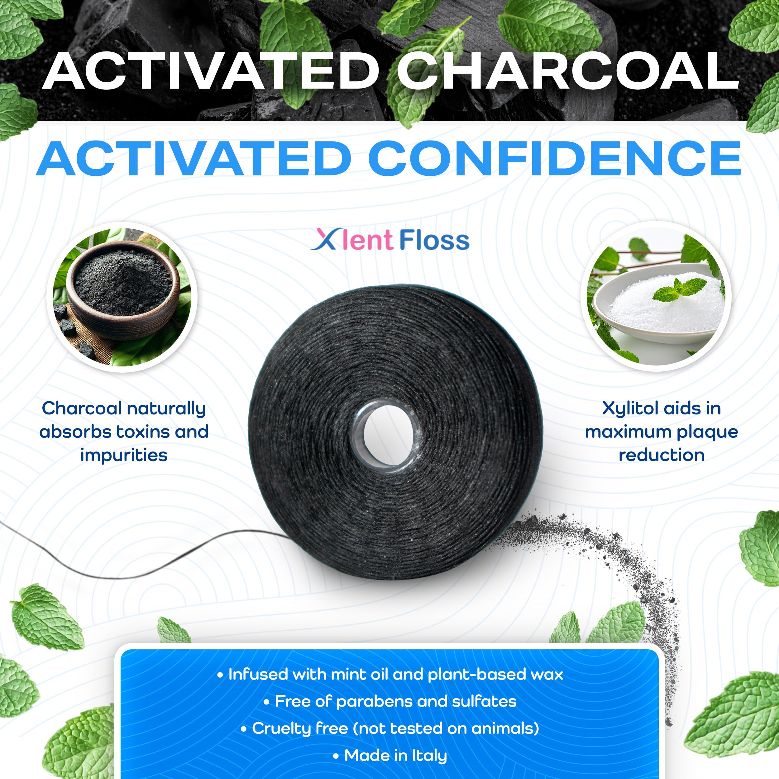 Expandable Charcoal Dental Floss with Xylitol & Mint – PFAS/PTFE Free | Pack of 2 (50 m each)