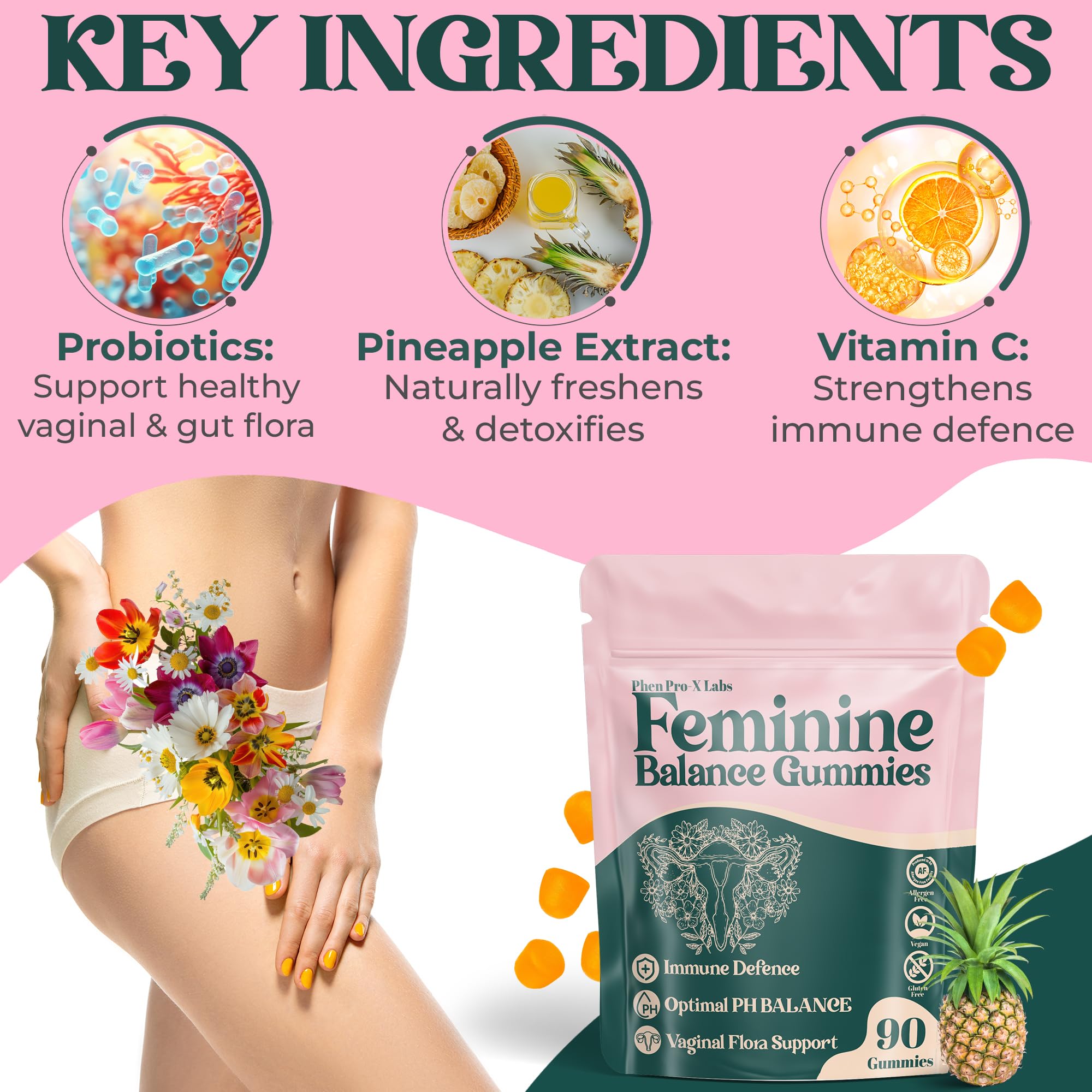 Premium Feminine Balance Gummies for Women – Pineapple pH & 4-in-1 Support | 90 Count (Vegan & Gluten-Free)