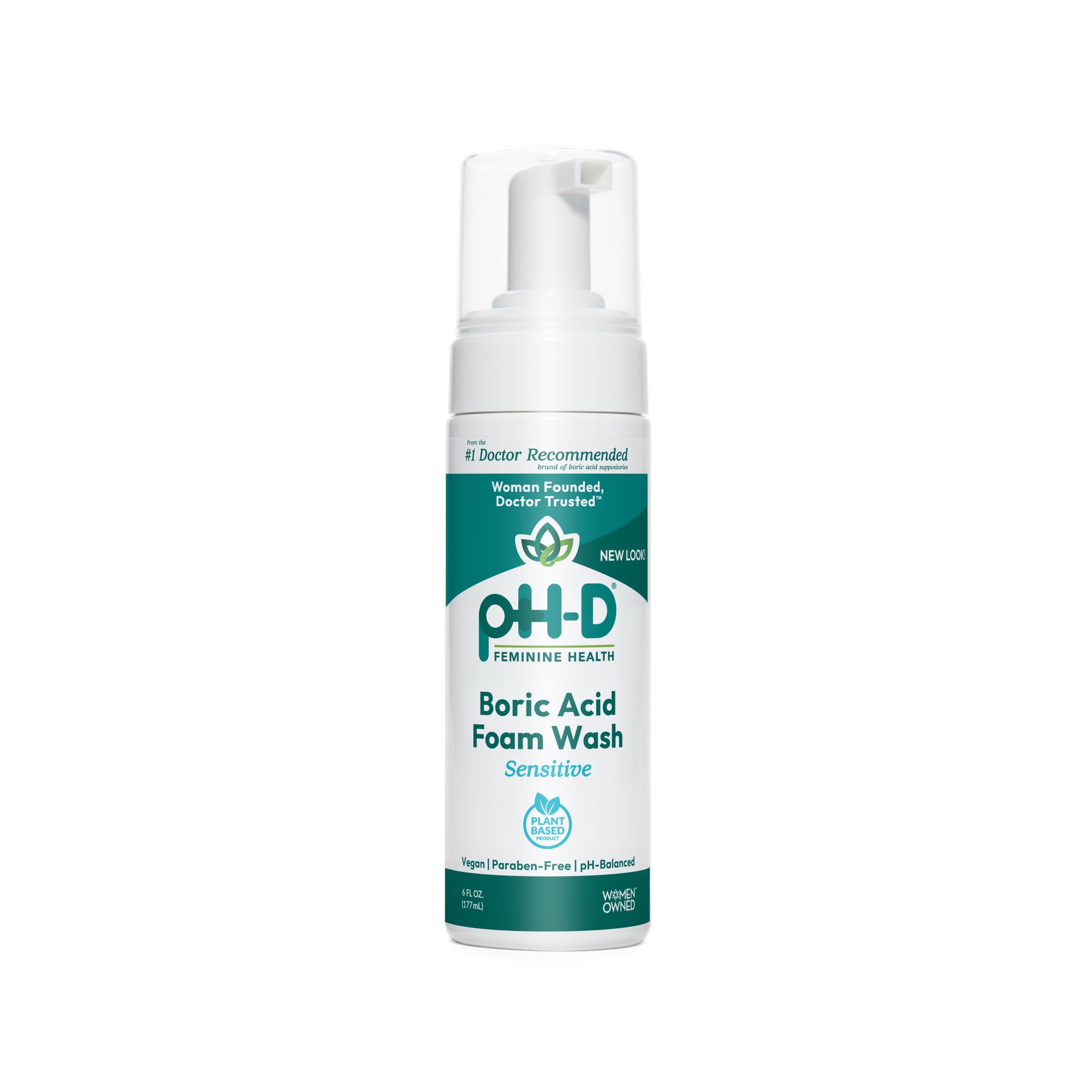pH-D Feminine Health Boric Acid Foam Wash — pH-Balanced, Plant-Based, Paraben-Free (Sensitive, 6 fl oz)