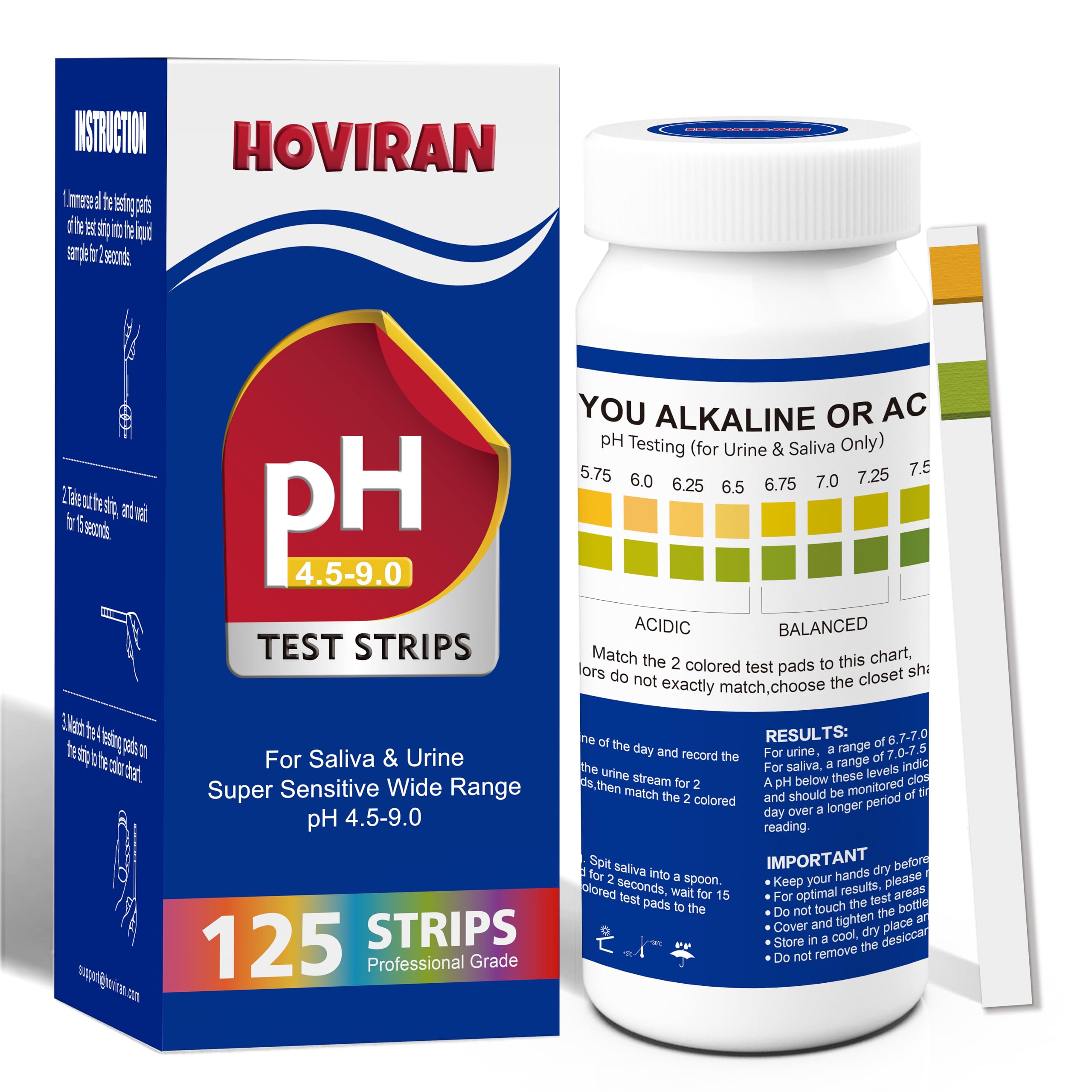 pH Test Strips for Saliva & Urine - 125 Strips, pH 4.5-9.0