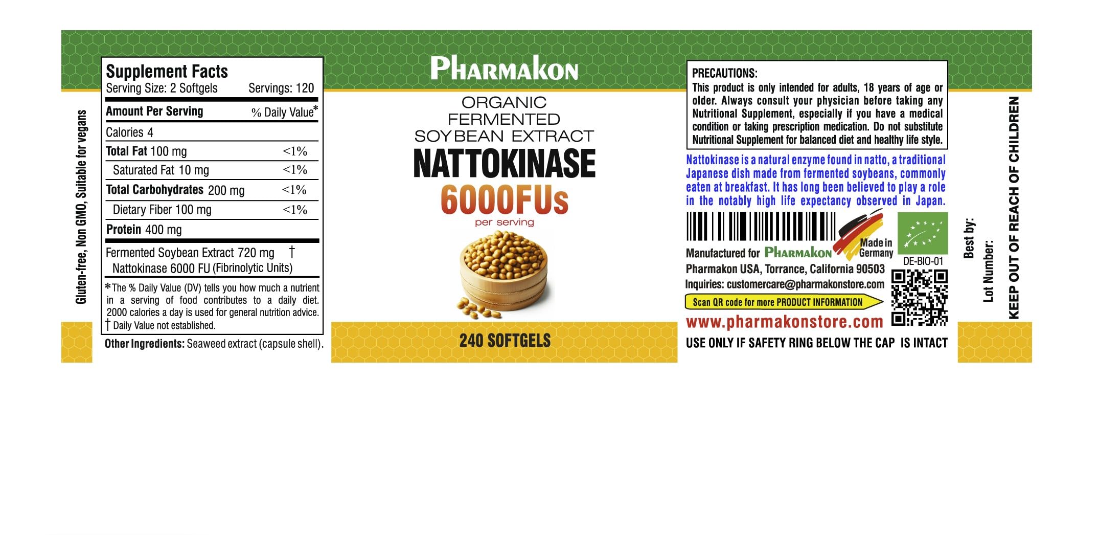PHARMAKON Natural Nattokinase Organic Fermented Soybean Extract, 6000 FUs per Serving
