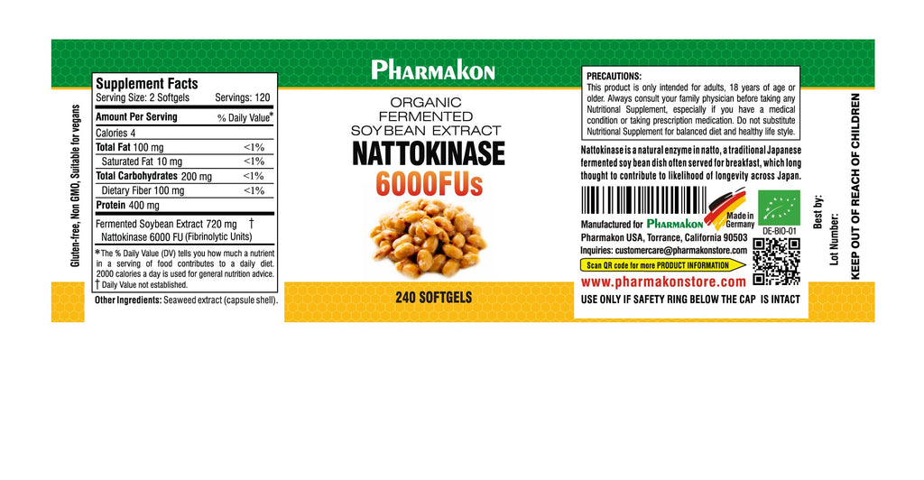 PHARMAKON Nattokinase — Bioavailable Soft Capsules, Organic Fermented Soybean Extract, 6000 FUs
