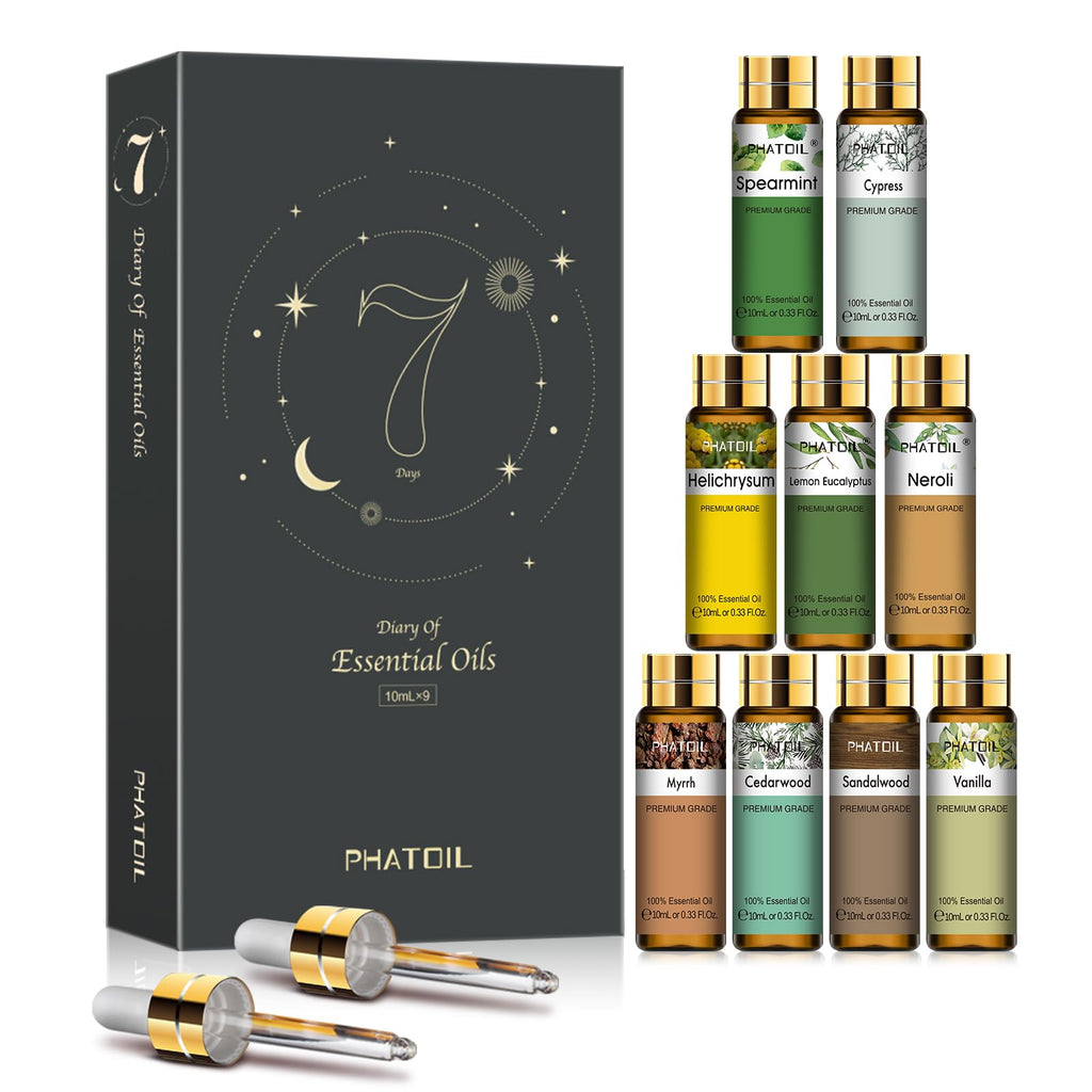 PHATOIL 9PCS Premium Essential Oil Set – 10ml Diffuser & DIY Gift