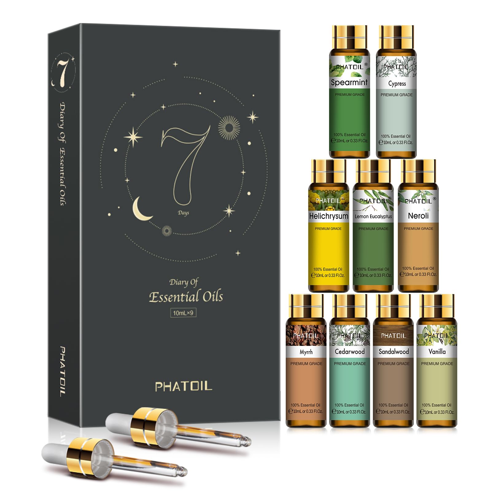 PHATOIL 9PCS Premium Essential Oil Set – 10ml Diffuser & DIY Gift