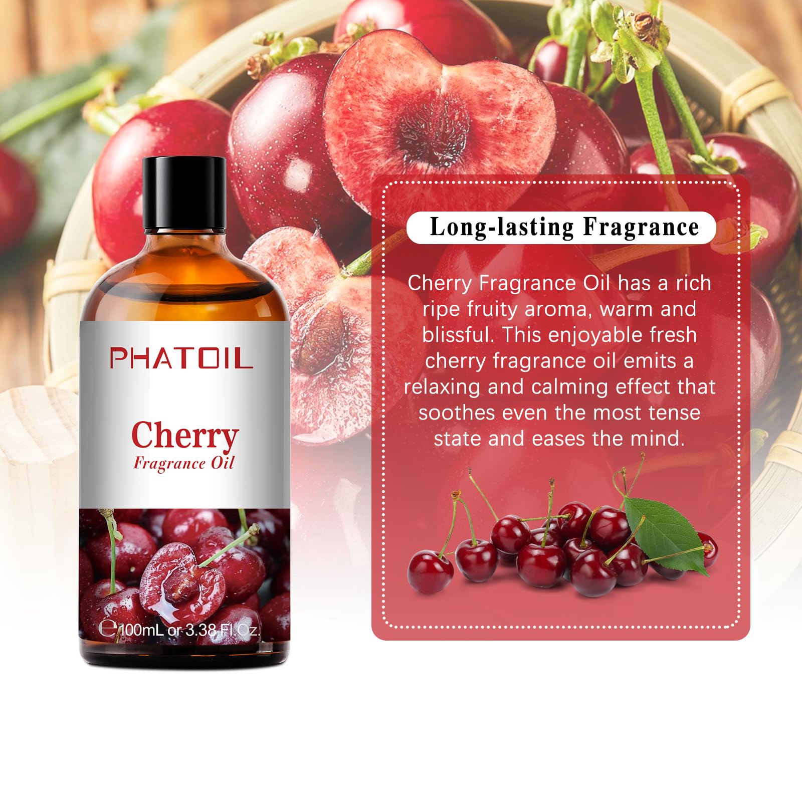 PHATOIL Cherry Fragrance Oils – 100ml (3.38 fl oz) for Aromatherapy, Diffusers, Candles & Soaps