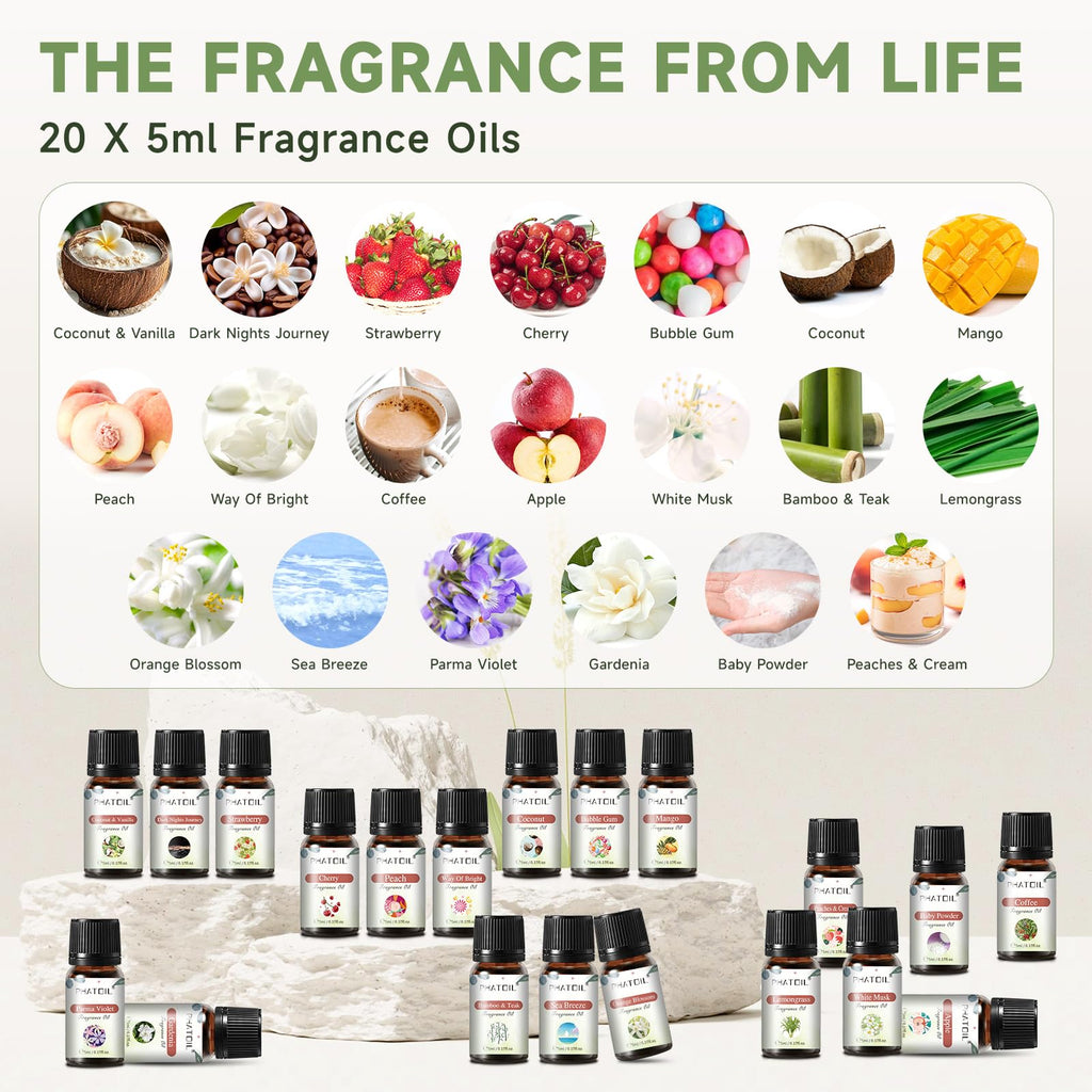 PHATOIL Coconut 20 Pcs Fragrance Oil Set – Premium Oils for Diffuser, DIY Candles & Soaps (5ml)