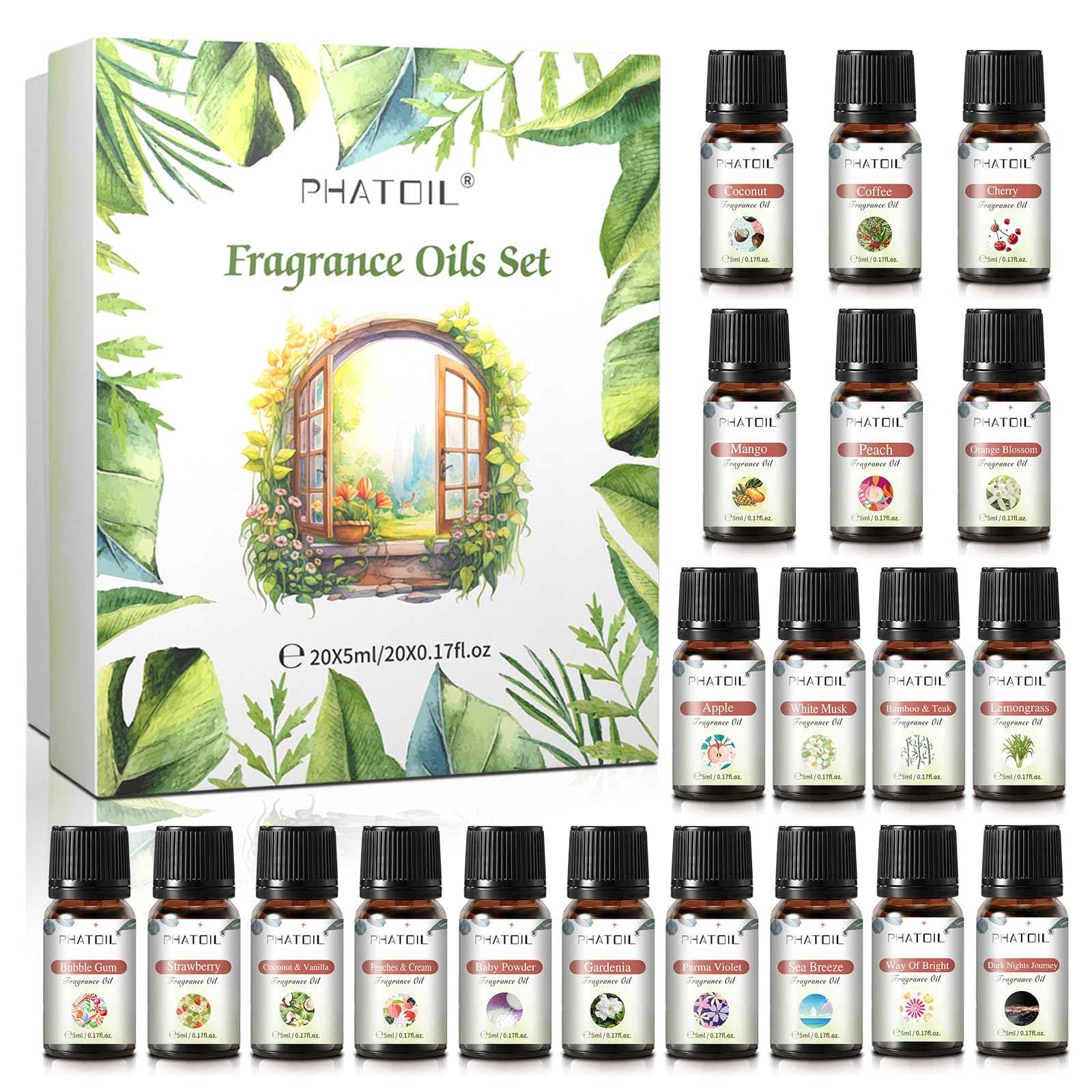 PHATOIL Coconut 20 Pcs Fragrance Oil Set – Premium Oils for Diffuser, DIY Candles & Soaps (5ml)