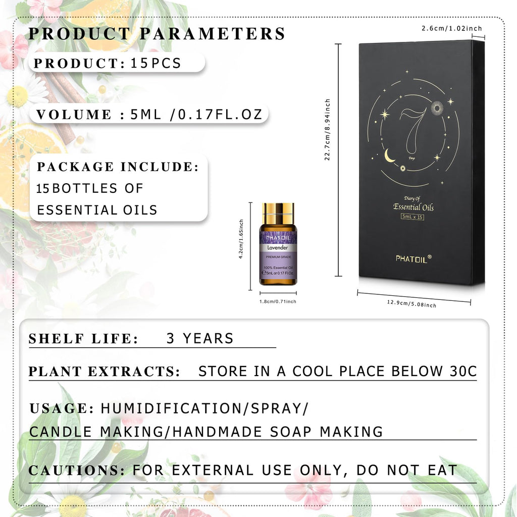 PHATOIL 15-Piece Essential Oils Gift Set – 100% Natural, 5ml Bottles