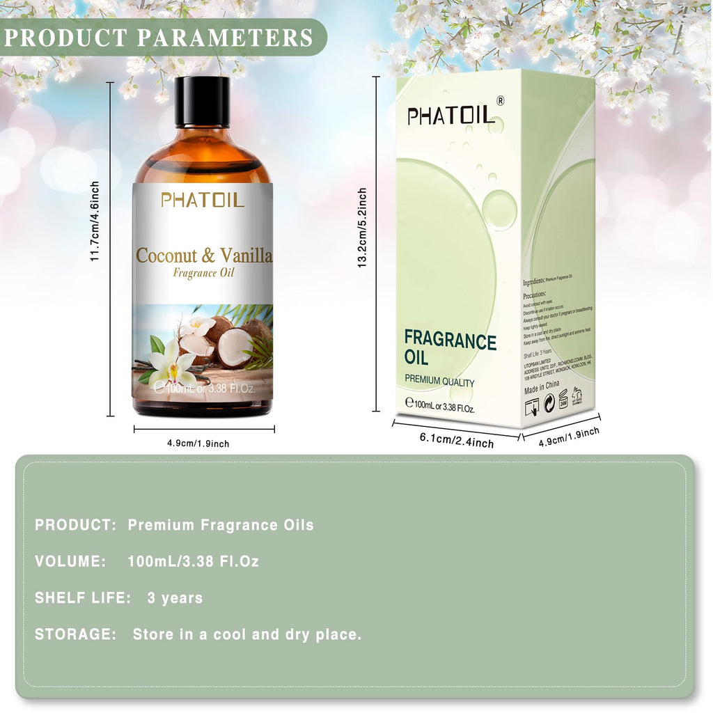 PHATOIL Coconut & Vanilla Fragrance Oil – 100ml for Aromatherapy, Diffusers, Candles & Soap