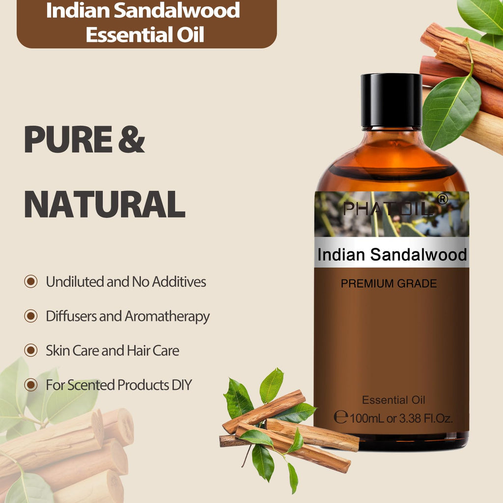 PHATOIL Indian Sandalwood Essential Oil - Pure 100ml for Hair & Skin