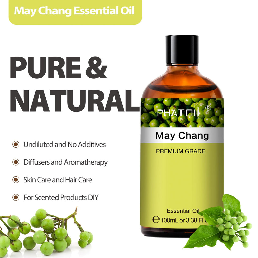 PHATOIL May Chang Essential Oil - Pure Premium 100ml / 3.38 Fl Oz for Hair, Skin, Aromatherapy, DIY Candles & Soap