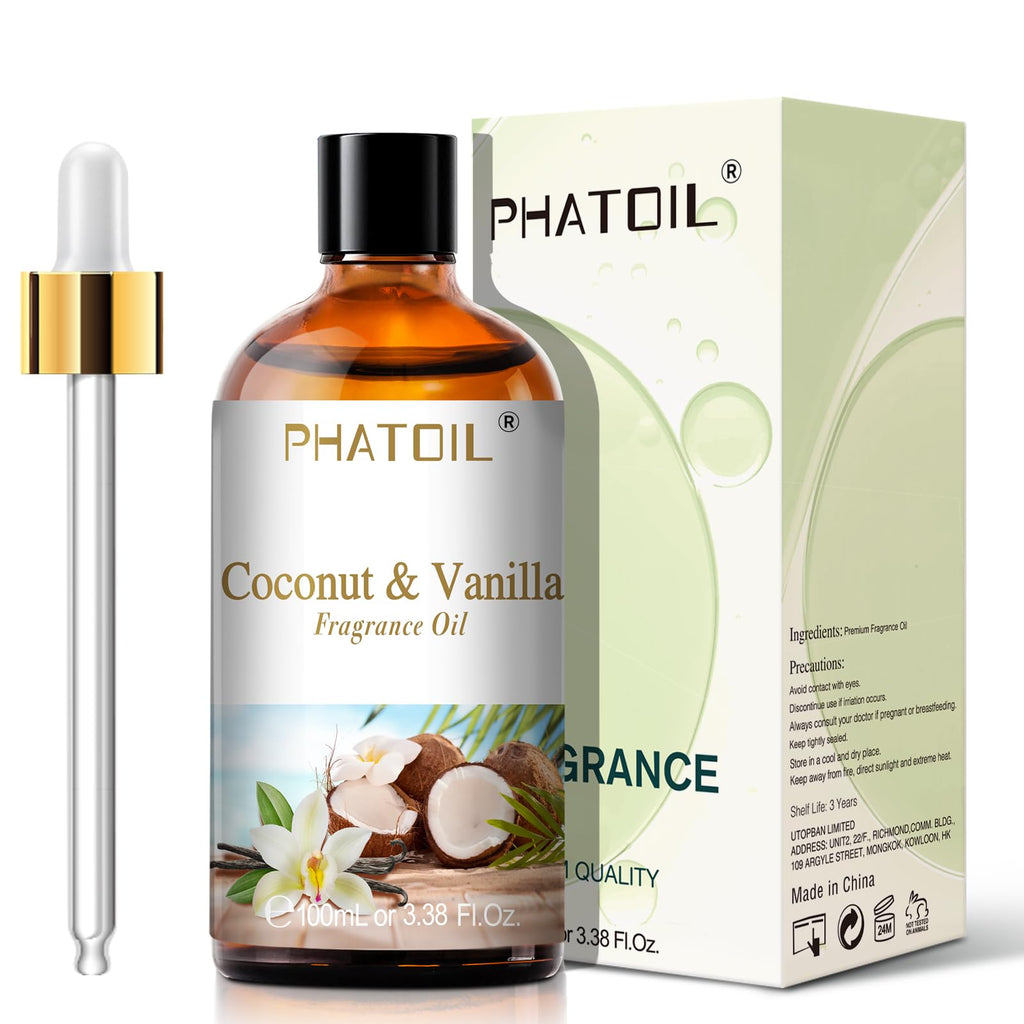 PHATOIL Coconut & Vanilla Fragrance Oil – 100ml for Aromatherapy, Diffusers, Candles & Soap
