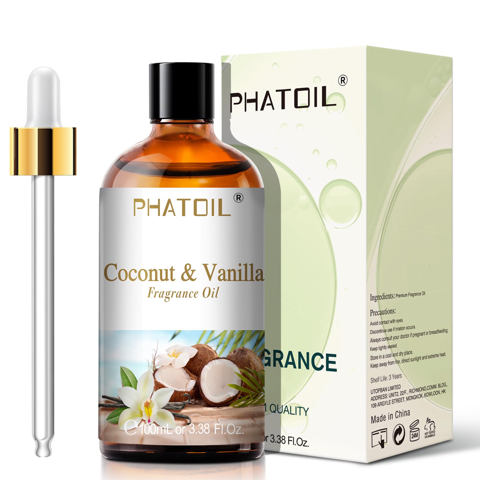 PHATOIL Coconut & Vanilla Fragrance Oil – 100ml for Aromatherapy, Diffusers, Candles & Soap