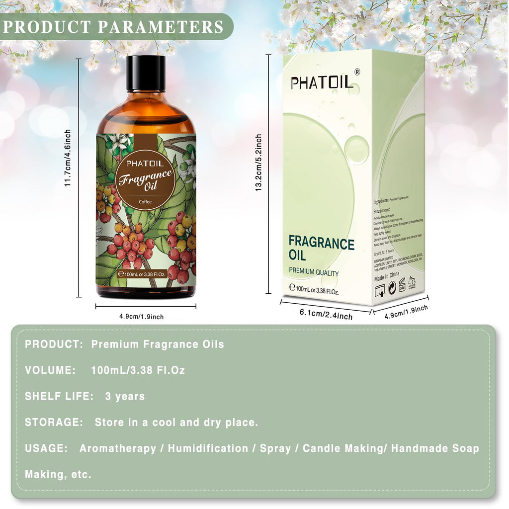 PHATOIL Coffee Fragrance Oil 100ml (3.38 fl oz) for Aromatherapy, Diffusers, DIY Candles & Soaps