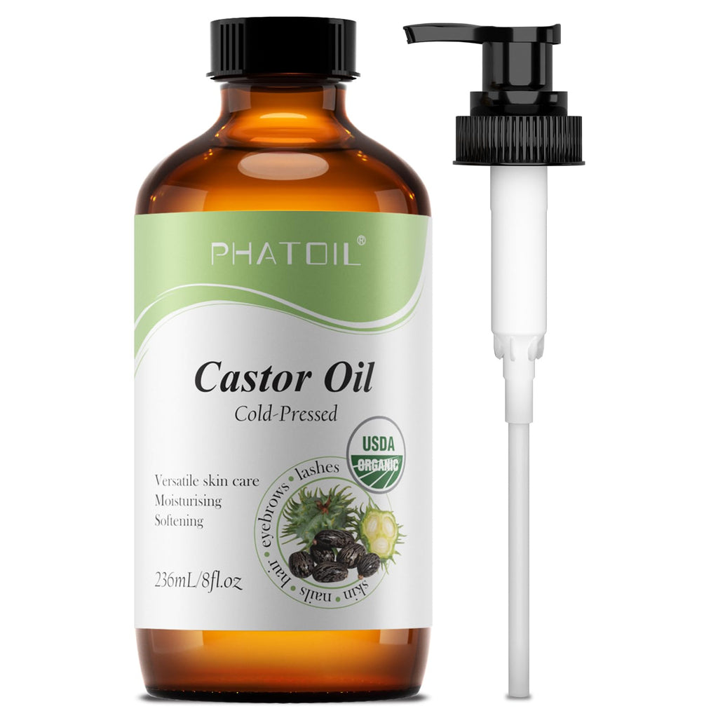 PHATOIL Organic Castor Oil – Cold Pressed in Glass Bottle with Pump, 236 ml (8 fl oz) USDA Organic