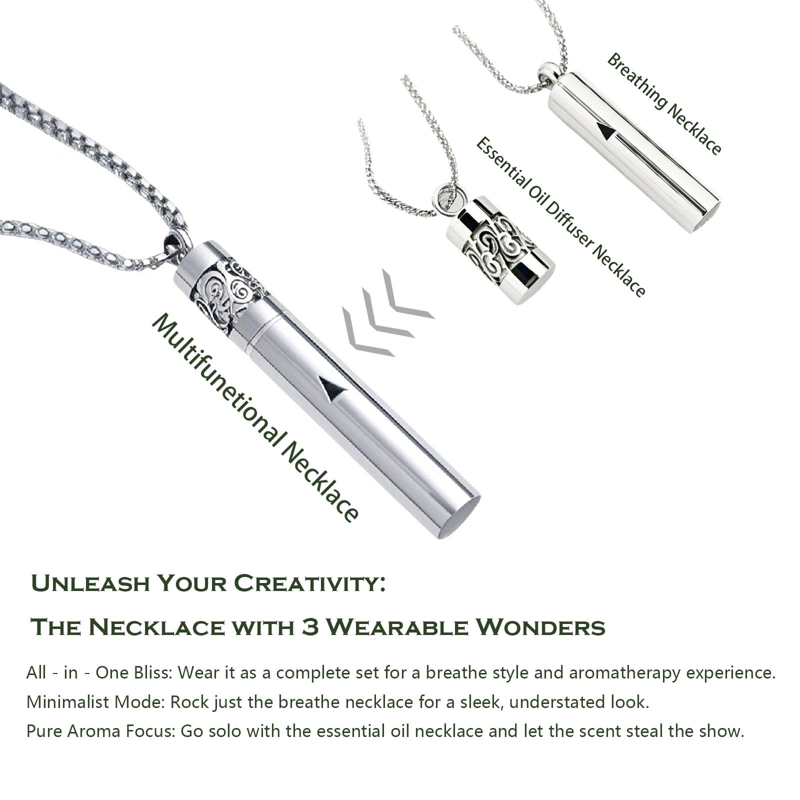 phaxud Mindfulness Breathing Necklace & Essential Oil Diffuser - 2-in-1 Stainless Steel Jewelry (Black)