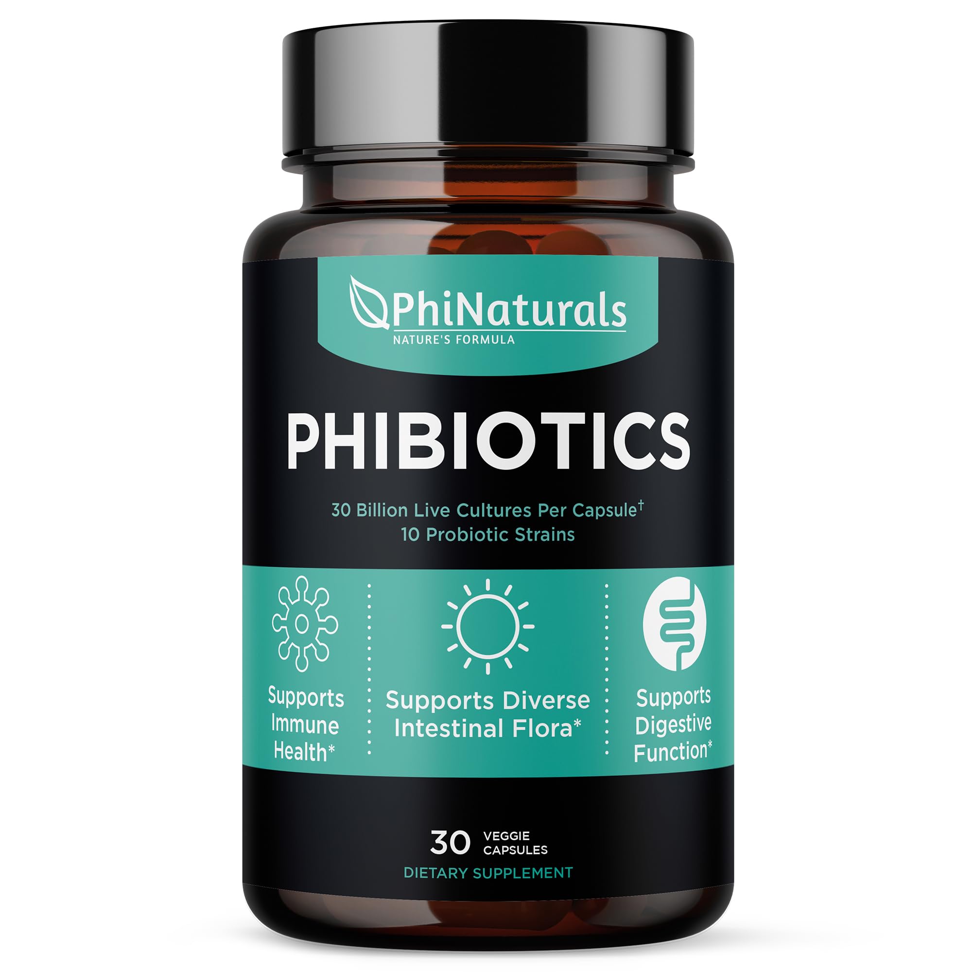 PhiNaturals High Potency Probiotics 30B CFU | 10 Strains, 30 Vegan Capsules | For Women & Men Gut Health