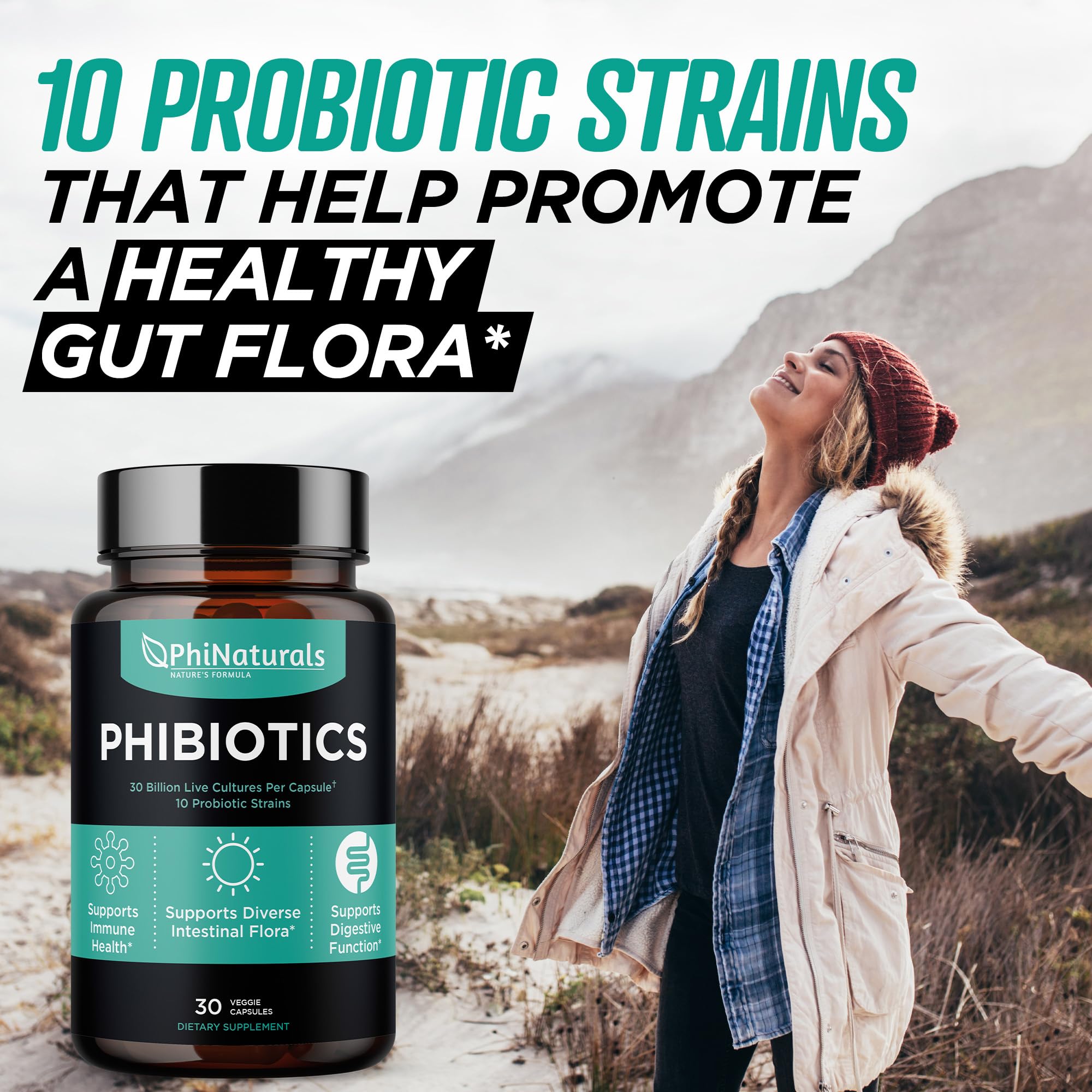 PhiNaturals High Potency Probiotics 30B CFU | 10 Strains, 30 Vegan Capsules | For Women & Men Gut Health