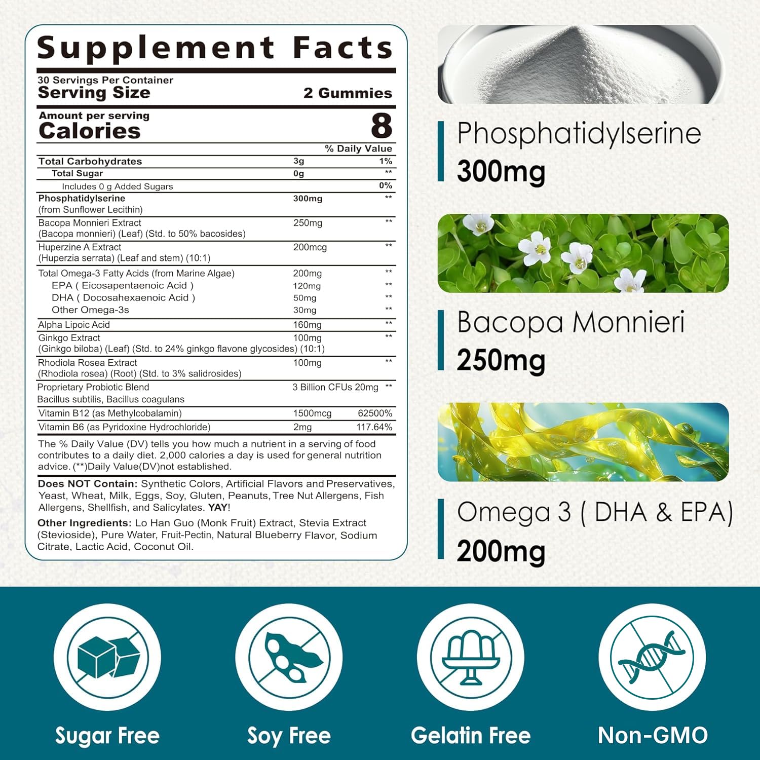 Phosphatidylserine Nootropic Brain Supplement - Focus & Energy Gummies with Bacopa Monnieri, Omega-3, Huperzine A, B12 & B6 - 2 Pack