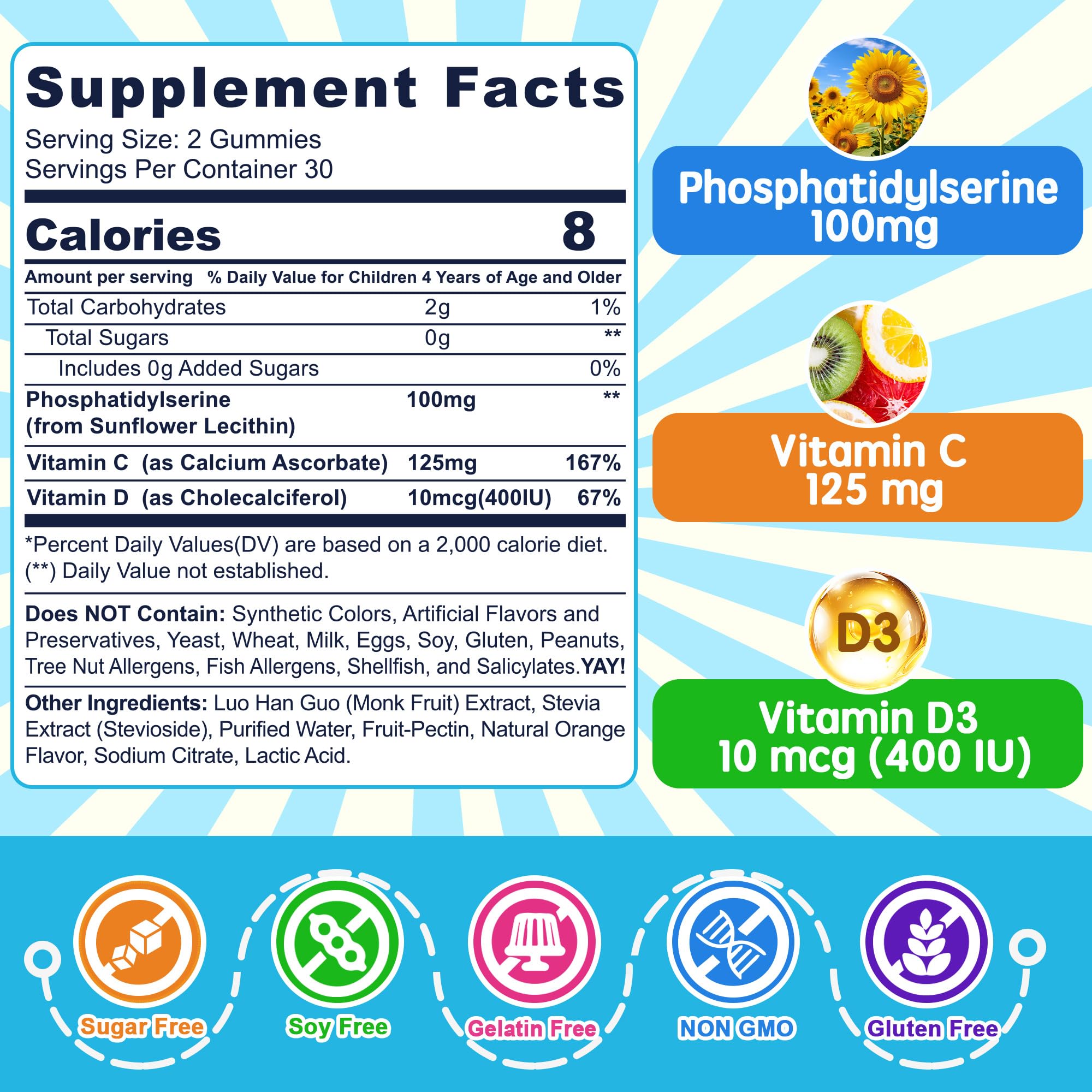 Phosphatidylserine 100mg Kids Focus Gummies - Vitamin C & D3, Sugar Free, Vegan