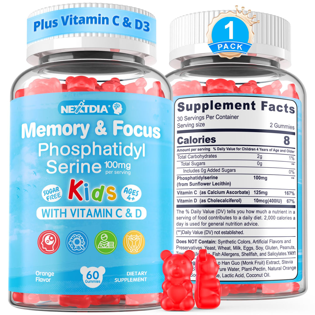 Phosphatidylserine 100mg Kids Focus Gummies - Vitamin C & D3, Sugar Free, Vegan