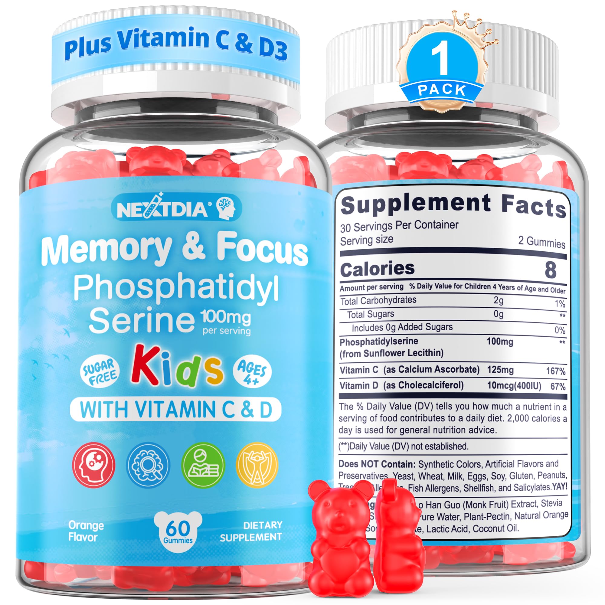 Phosphatidylserine 100mg Kids Focus Gummies - Vitamin C & D3, Sugar Free, Vegan