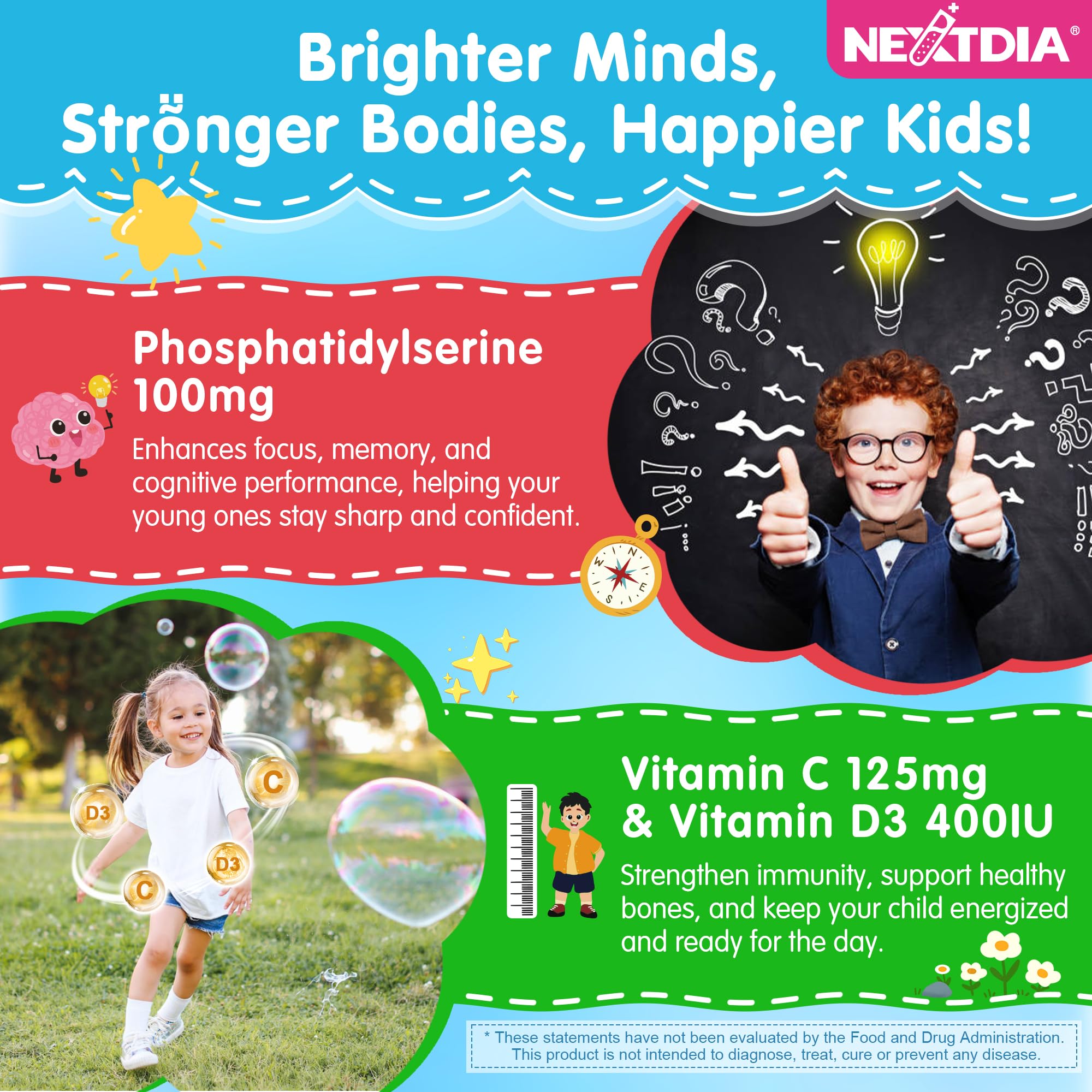 Phosphatidylserine 100mg Kids Focus Gummies - Vitamin C & D3, Sugar Free, Vegan
