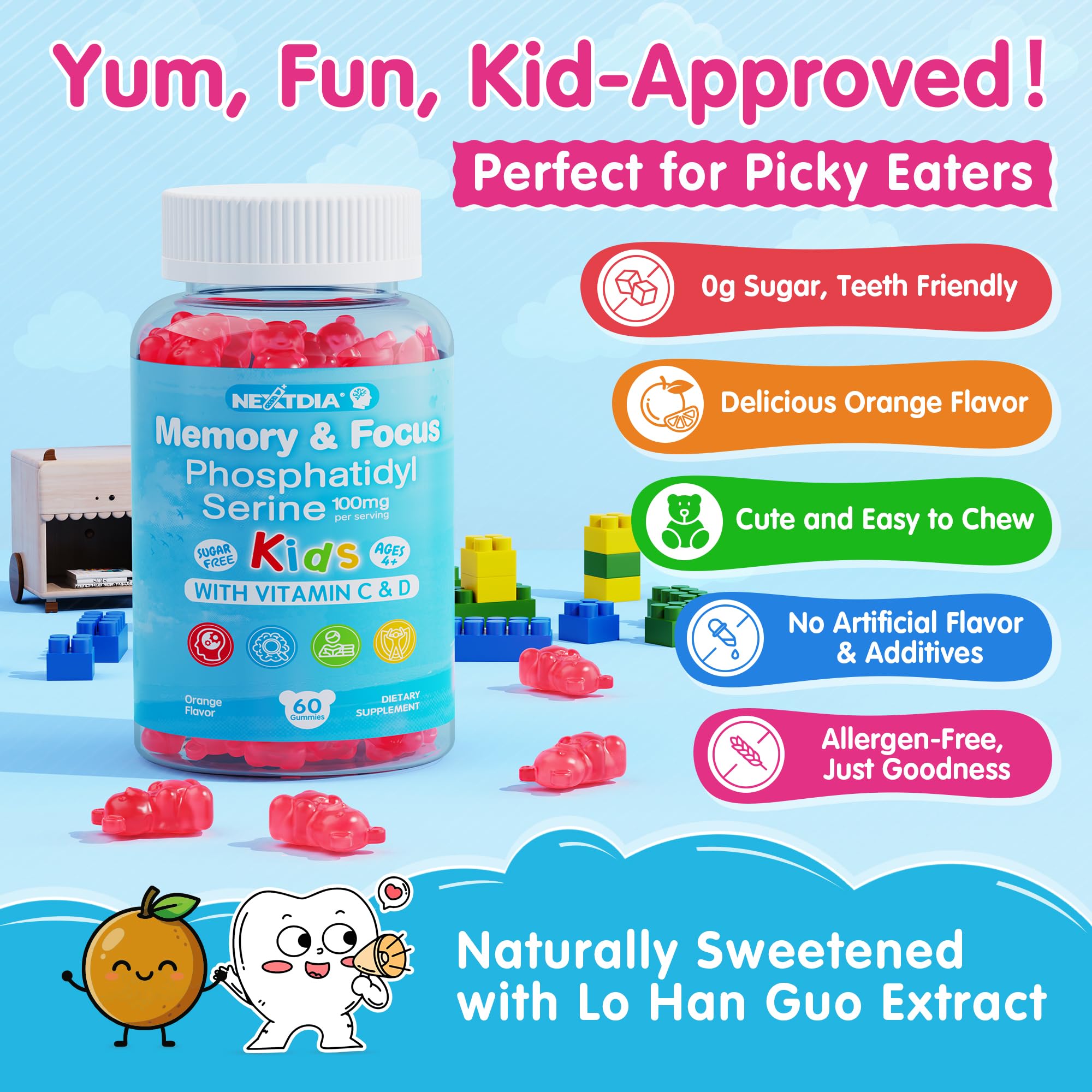 Phosphatidylserine 100mg Kids Focus Gummies - Vitamin C & D3, Sugar Free, Vegan