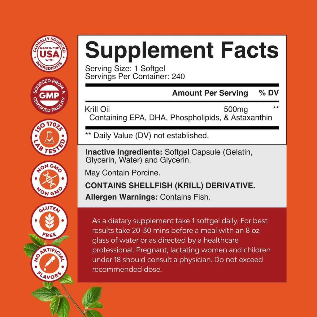 Natures Craft Antarctic Krill Oil 500mg Softgels – EPA DHA & Astaxanthin | 240 Count | 3rd Party Lab Tested